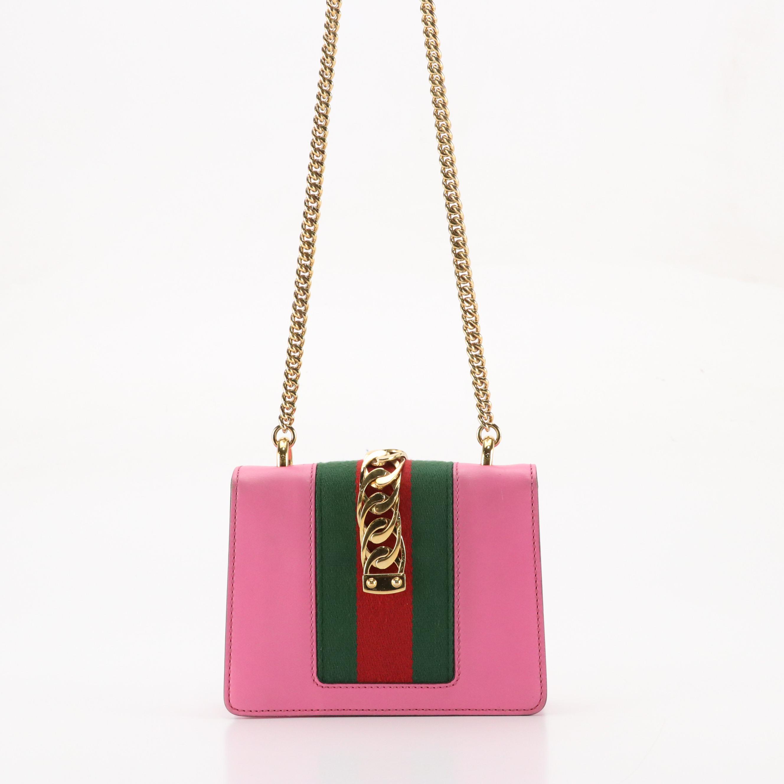 Gucci Small Sylvie Crossbody Bag in Web Striped Pink Calfskin Leather W/ Strap