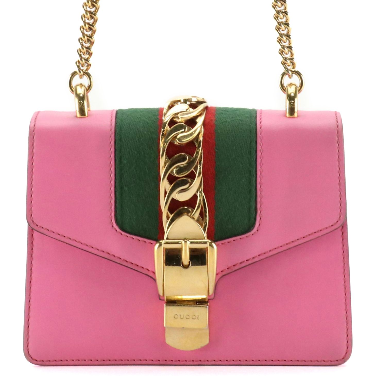 Gucci Small Sylvie Crossbody Bag in Web Striped Pink Calfskin Leather W/ Strap
