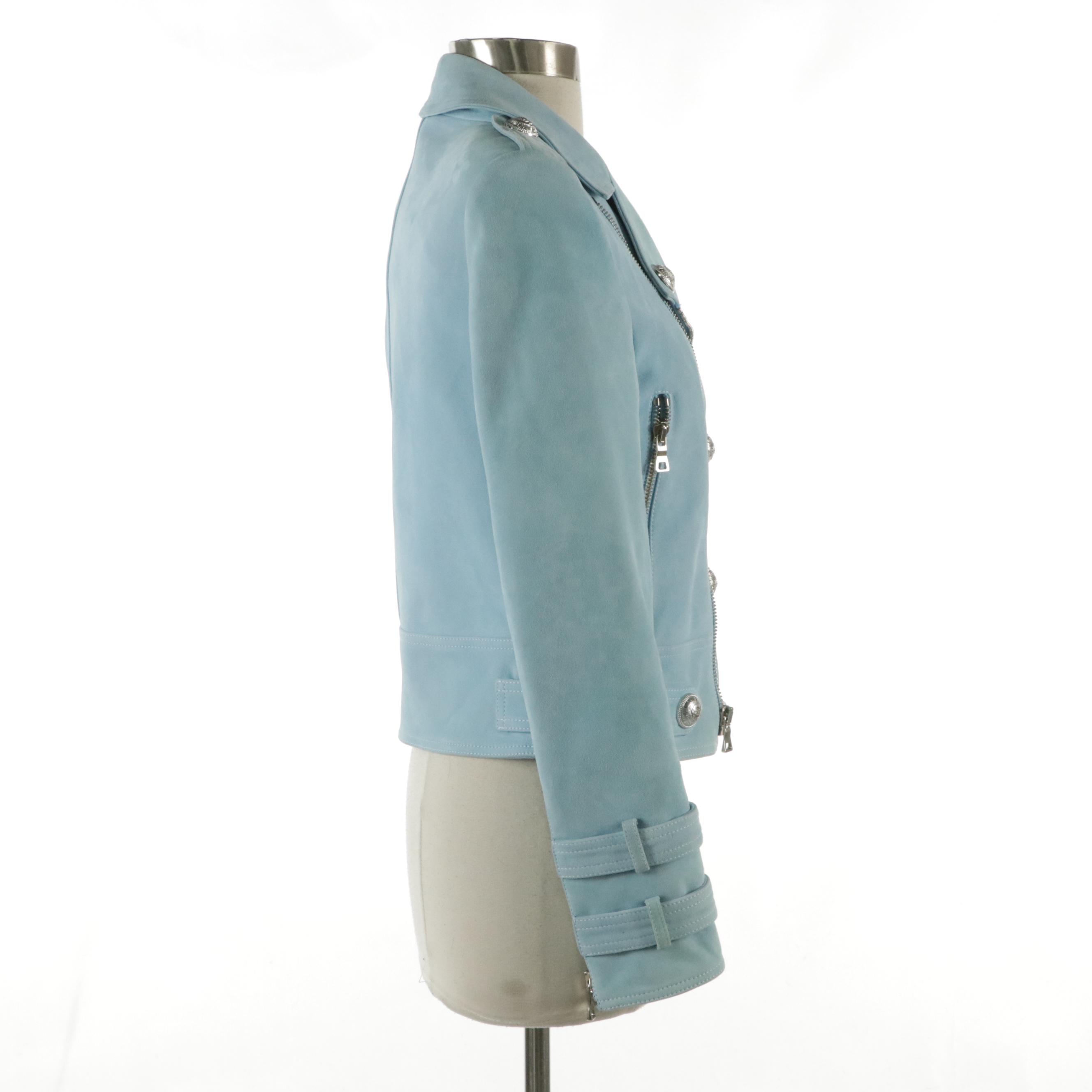 Balmain Double-Breasted Blue Suede Biker Jacket