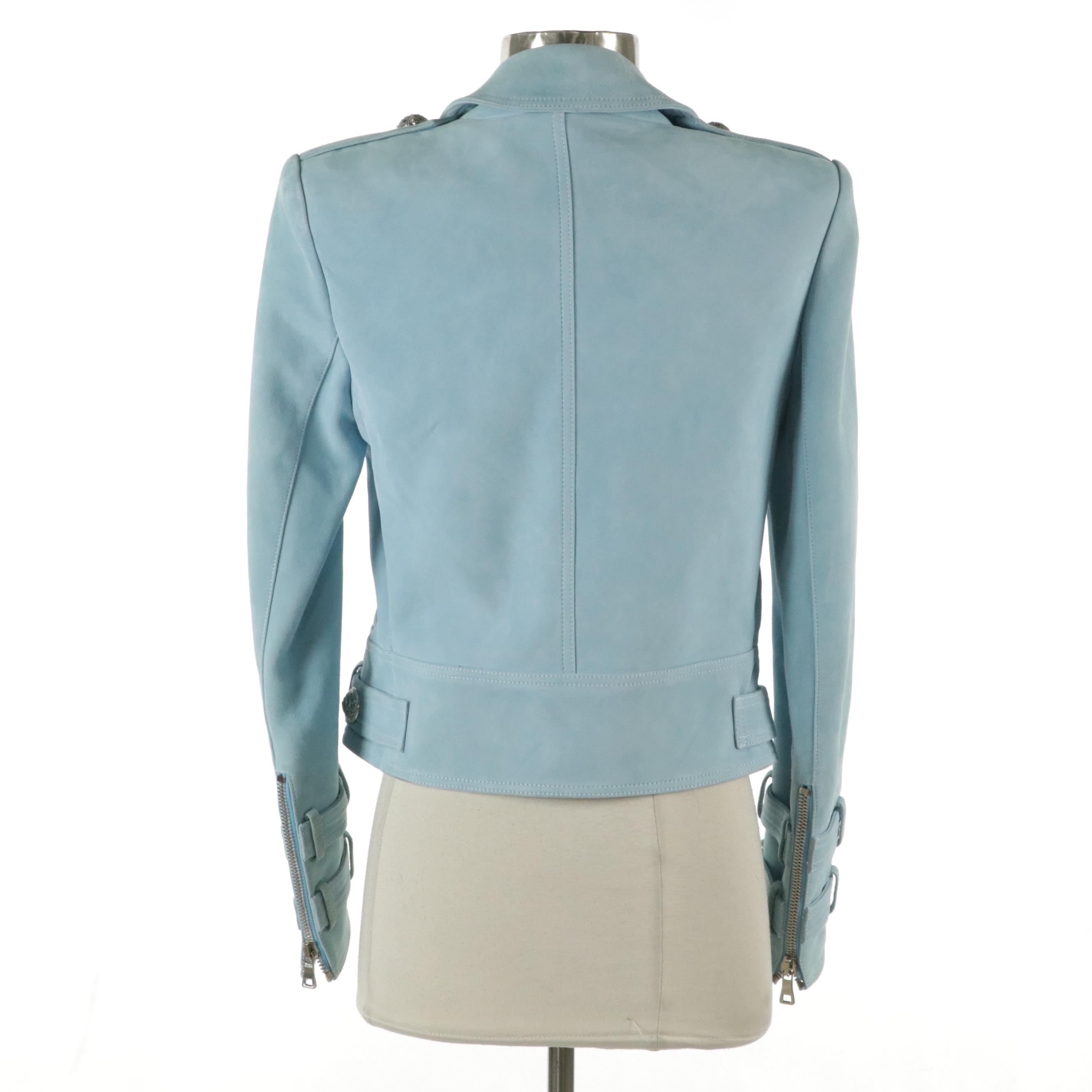 Balmain Double-Breasted Blue Suede Biker Jacket