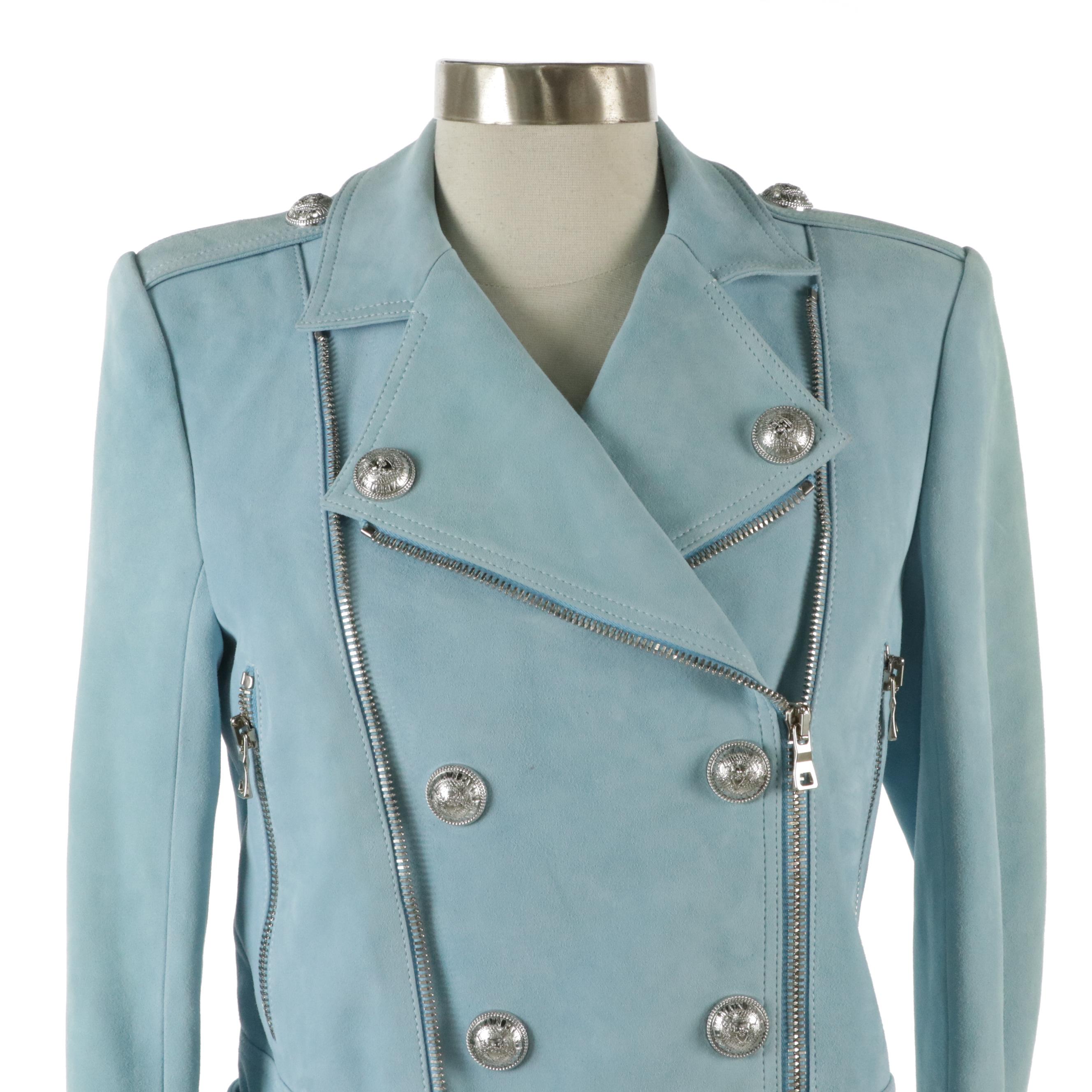 Balmain Double-Breasted Blue Suede Biker Jacket
