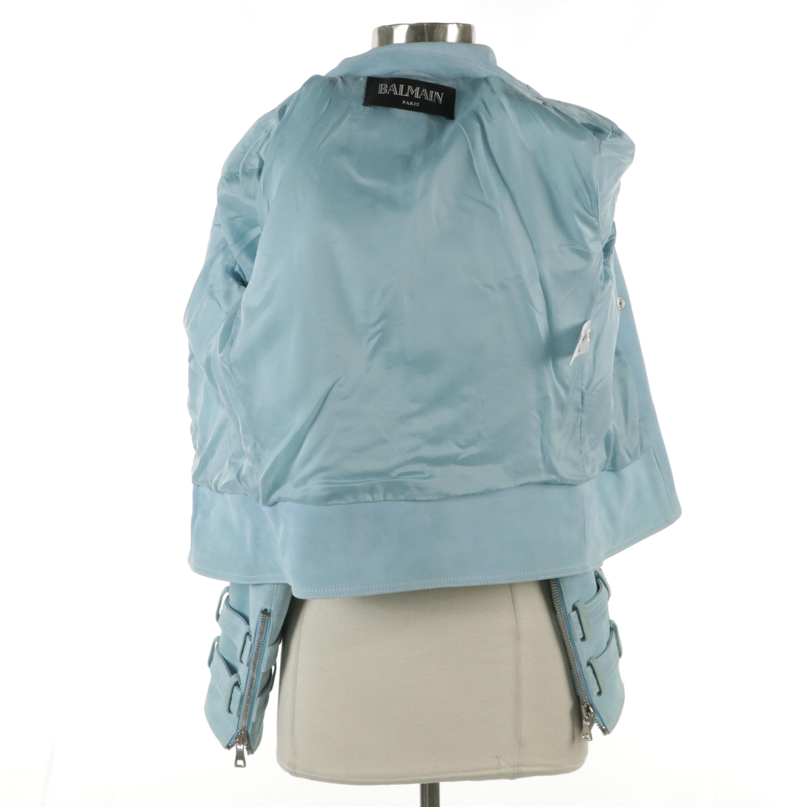Balmain Double-Breasted Blue Suede Biker Jacket