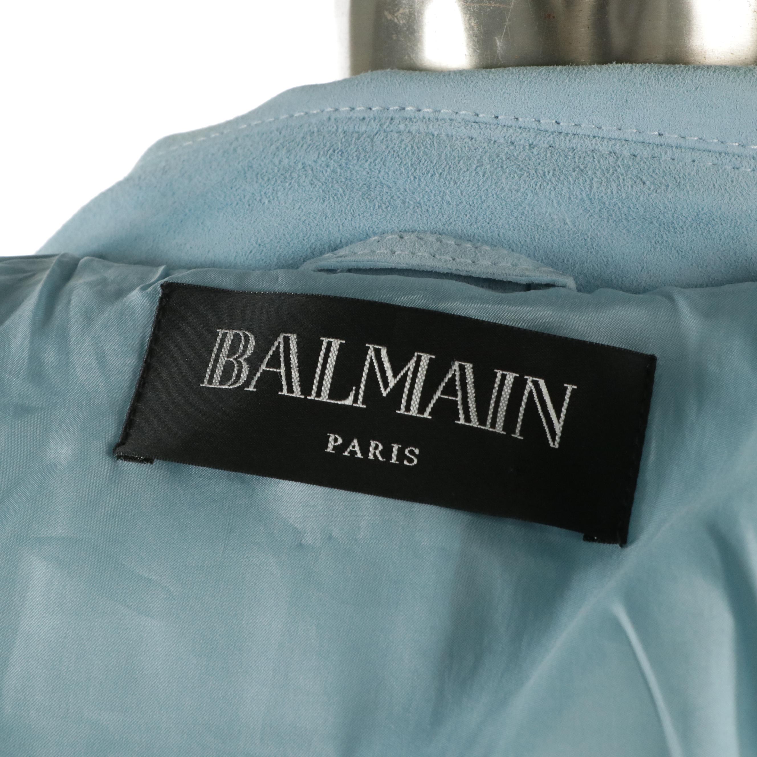 Balmain Double-Breasted Blue Suede Biker Jacket