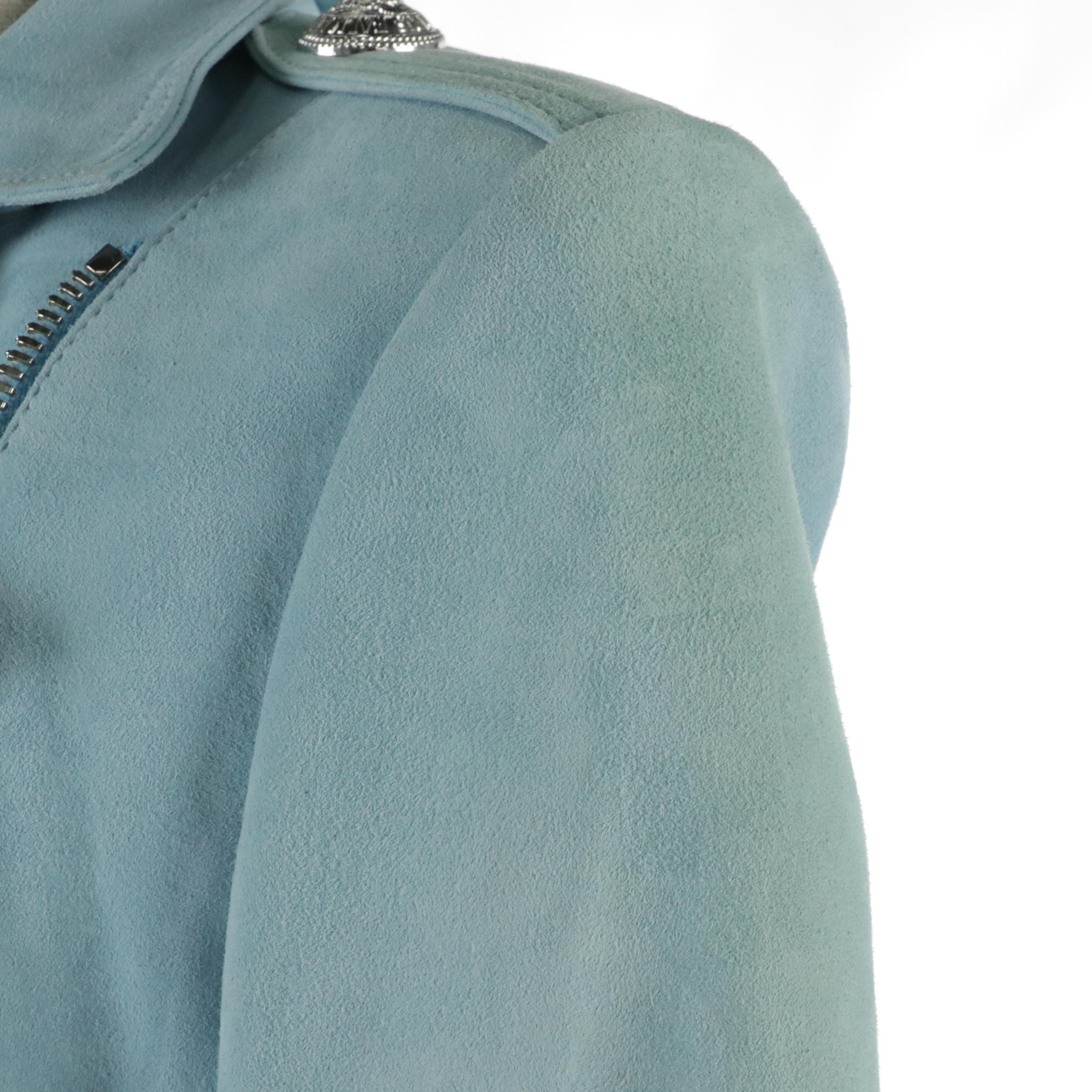 Balmain Double-Breasted Blue Suede Biker Jacket