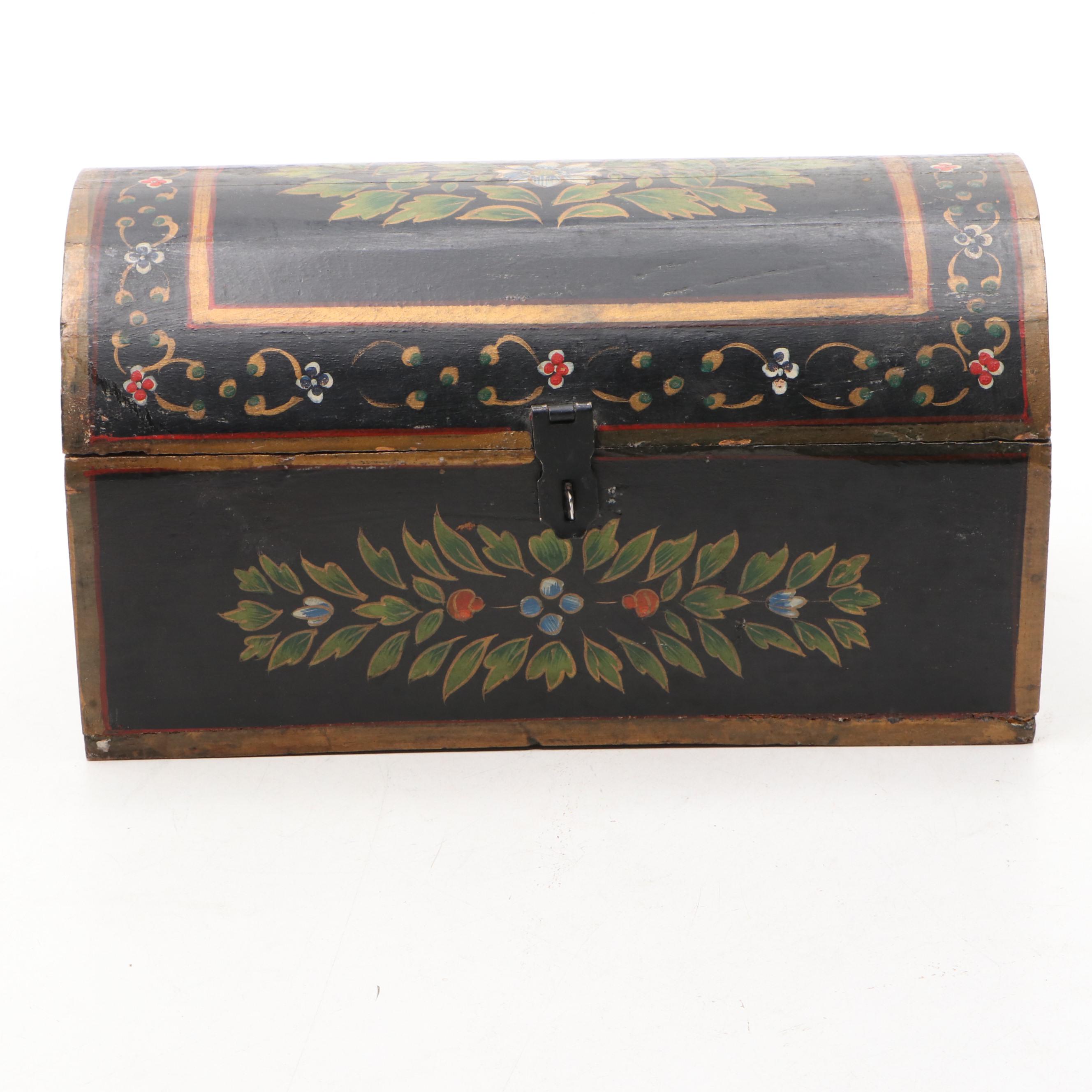Folk Art Hand-Painted Wood Dome Top Document Box, Antique