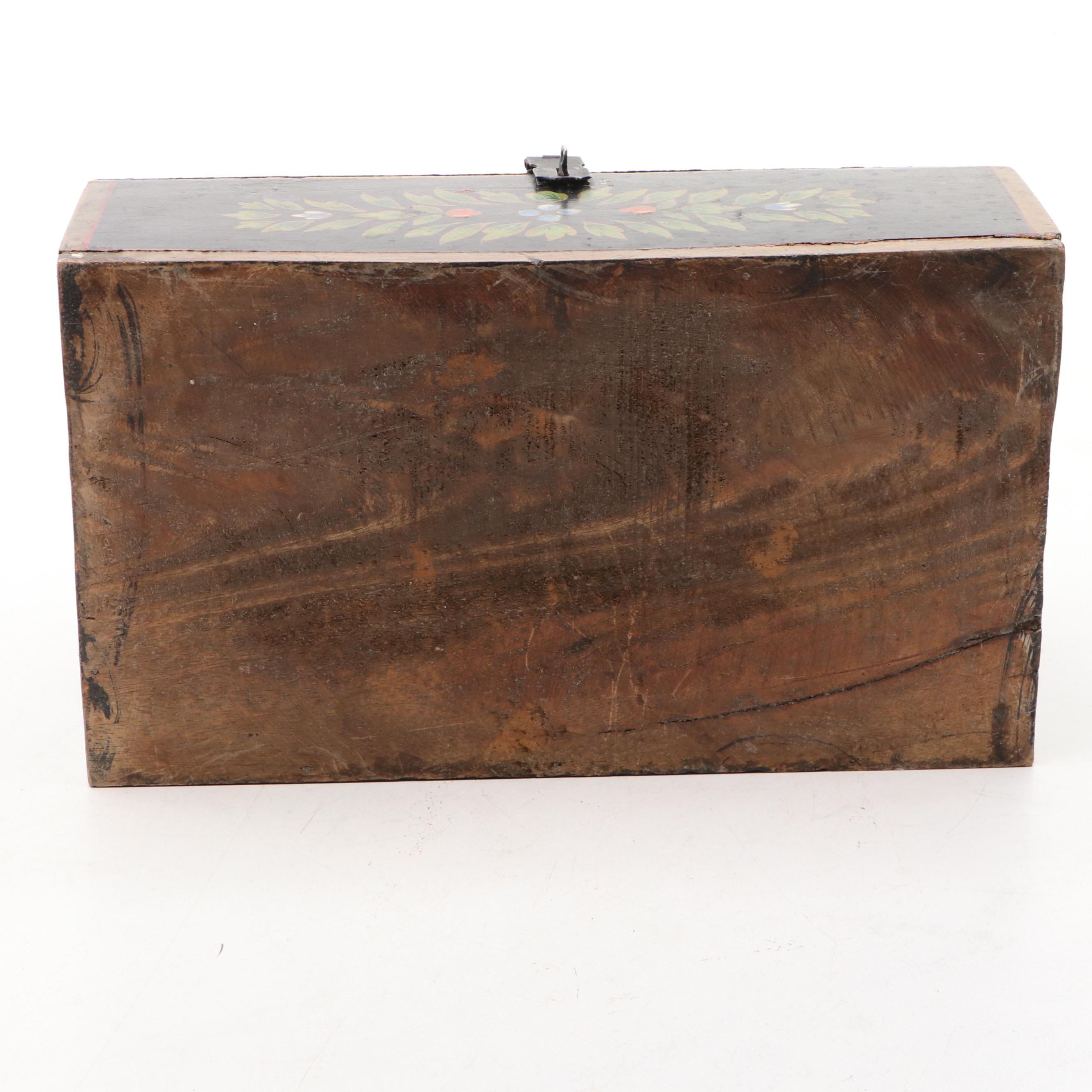 Folk Art Hand-Painted Wood Dome Top Document Box, Antique