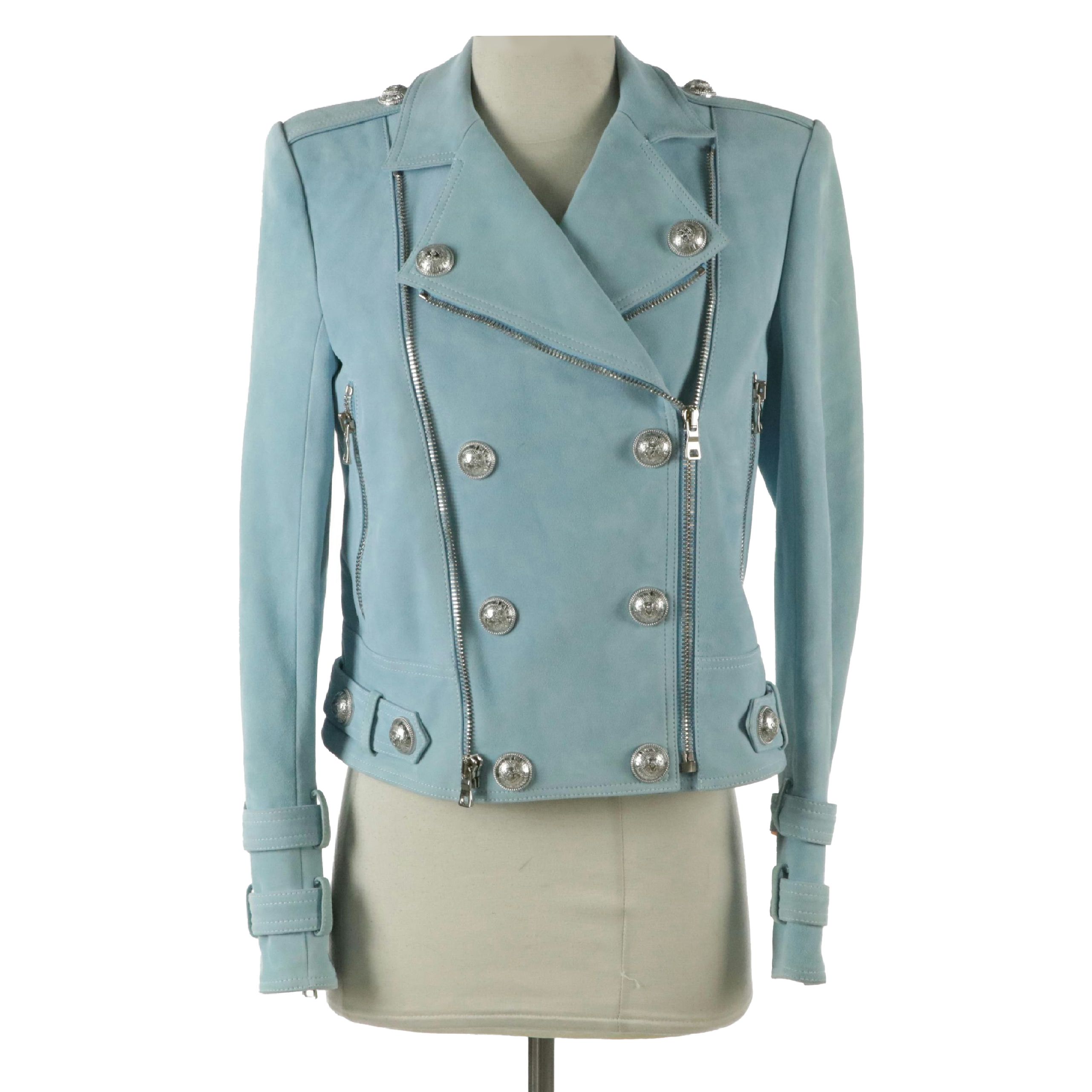 Balmain Double-Breasted Blue Suede Biker Jacket
