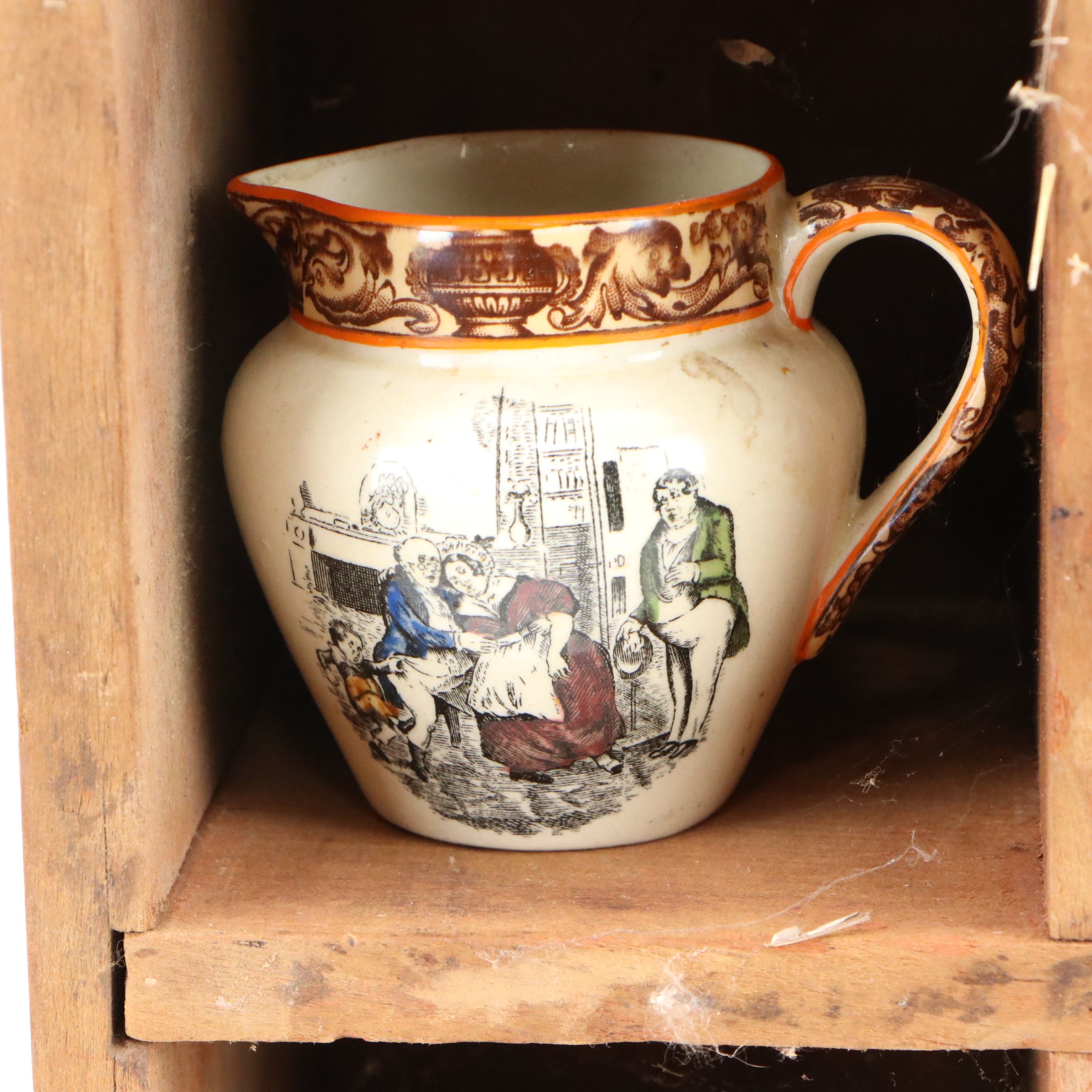 Adams "Scenes from Dickens" Creamer on Wood Shelf with More Vintage Ceramic Cups