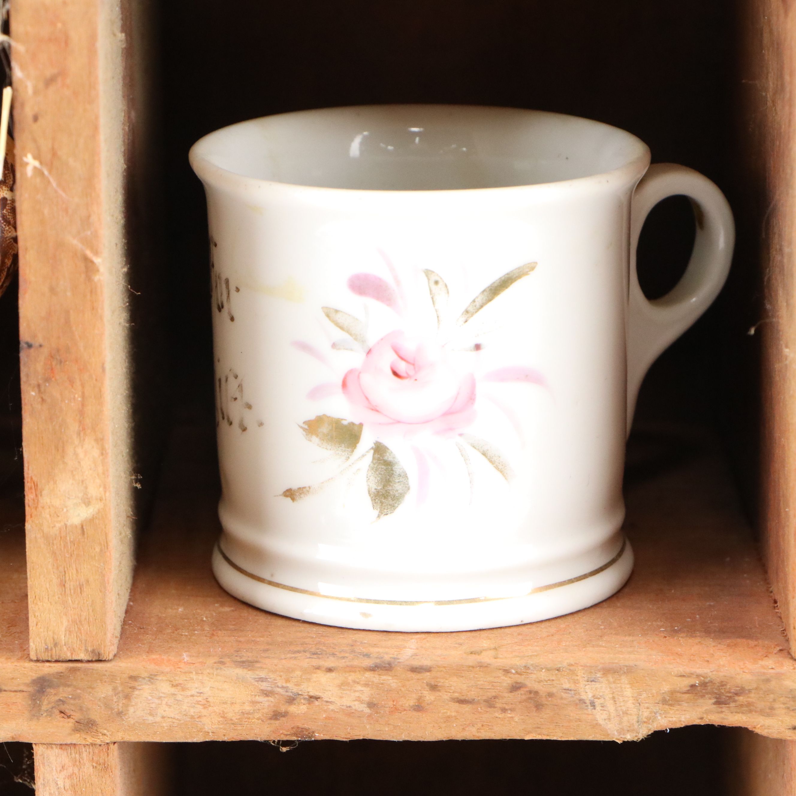 Adams "Scenes from Dickens" Creamer on Wood Shelf with More Vintage Ceramic Cups