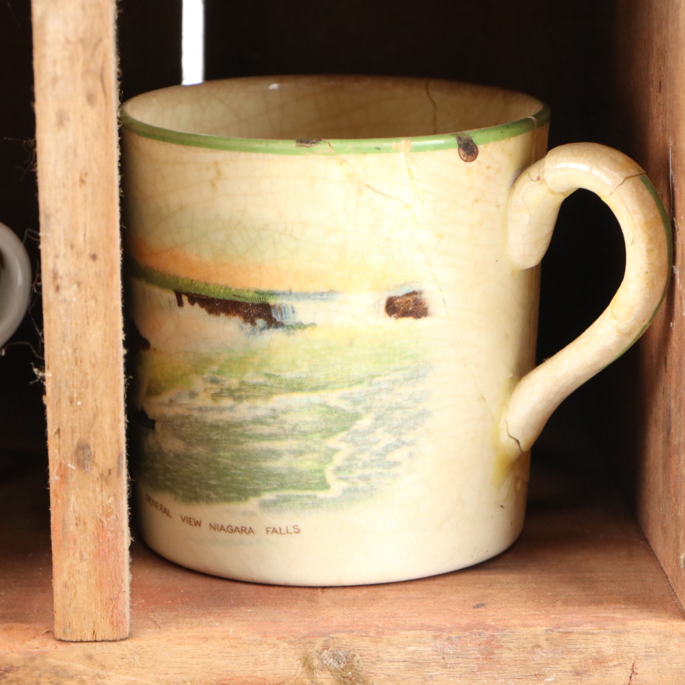 Adams "Scenes from Dickens" Creamer on Wood Shelf with More Vintage Ceramic Cups