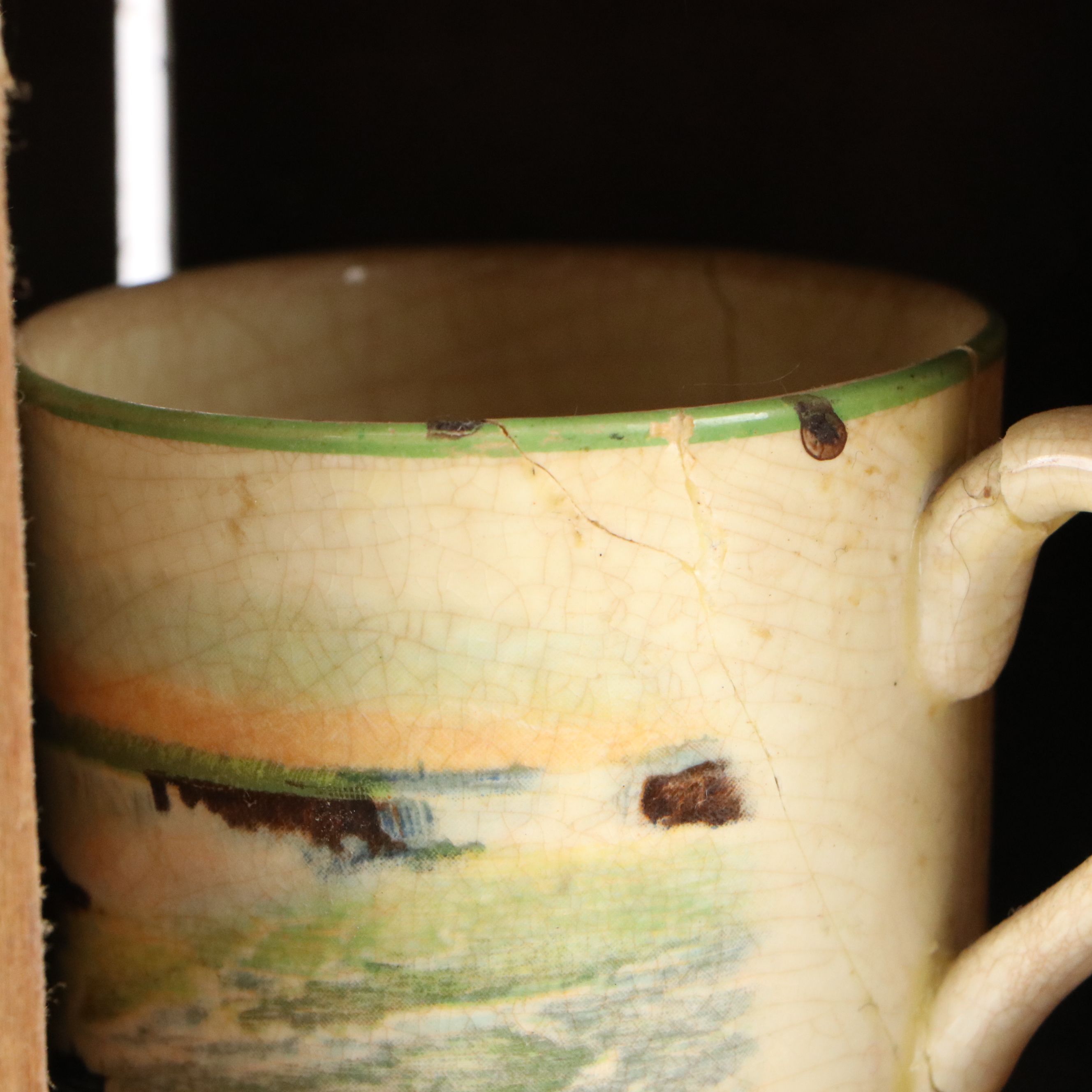 Adams "Scenes from Dickens" Creamer on Wood Shelf with More Vintage Ceramic Cups