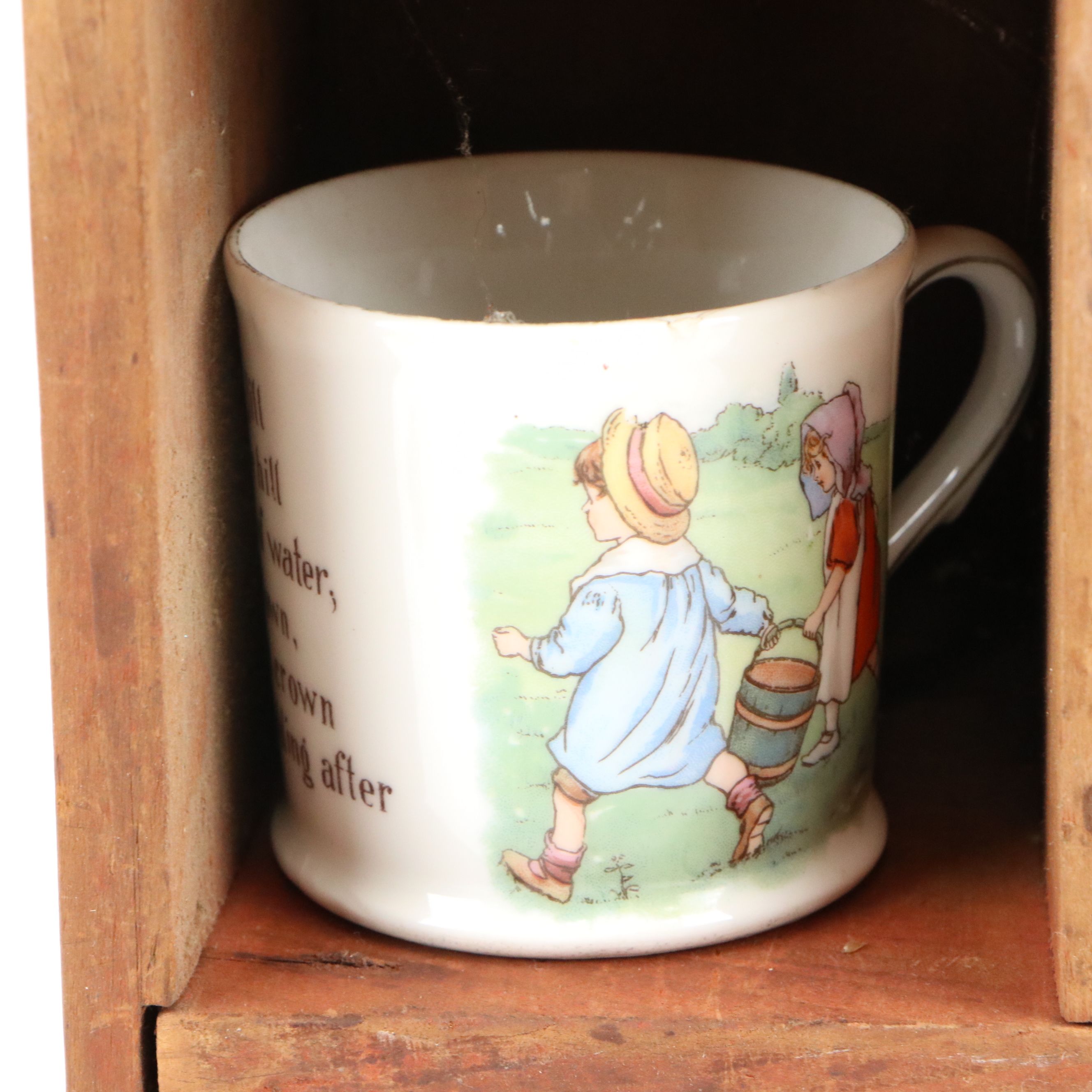 Adams "Scenes from Dickens" Creamer on Wood Shelf with More Vintage Ceramic Cups