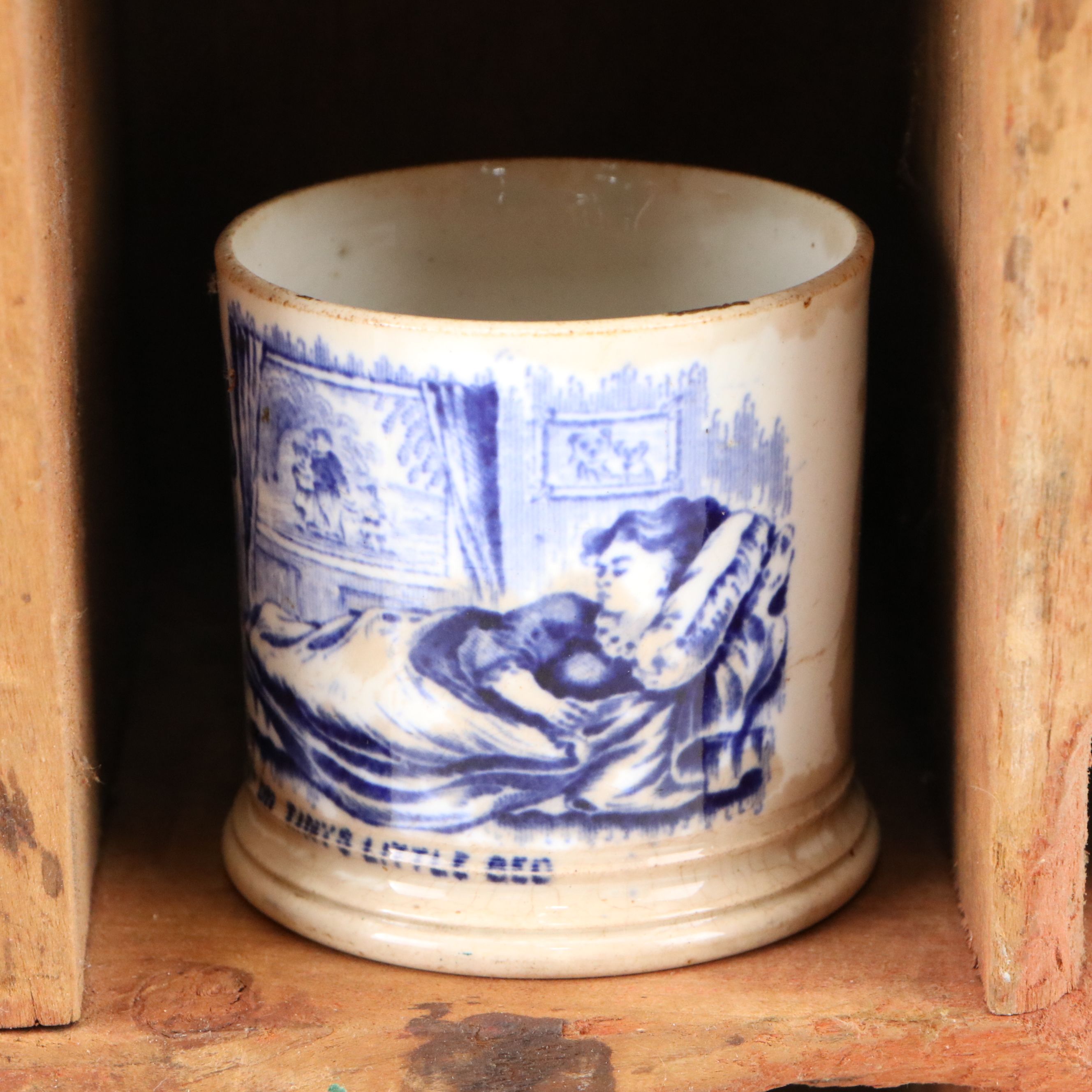 Adams "Scenes from Dickens" Creamer on Wood Shelf with More Vintage Ceramic Cups