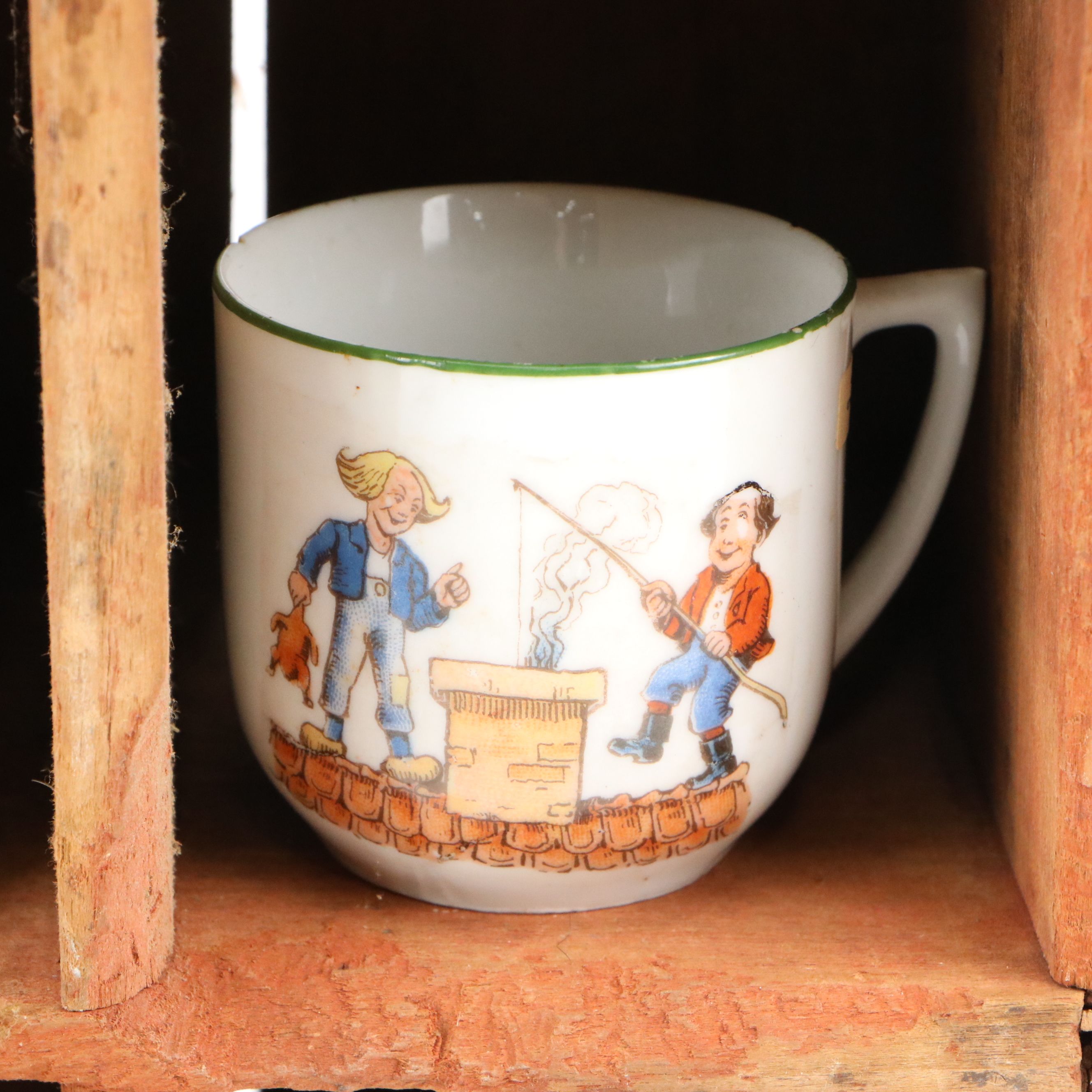 Adams "Scenes from Dickens" Creamer on Wood Shelf with More Vintage Ceramic Cups