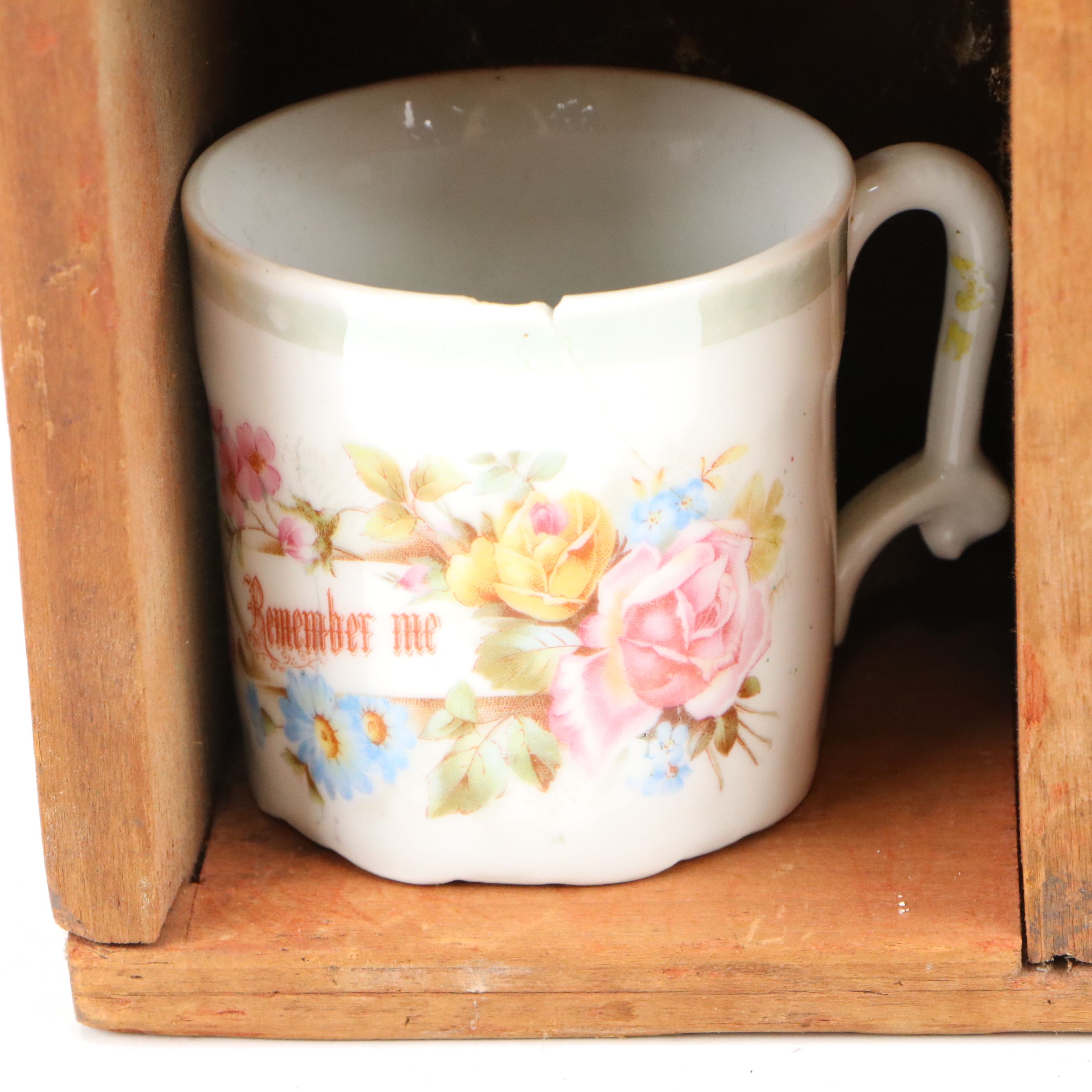 Adams "Scenes from Dickens" Creamer on Wood Shelf with More Vintage Ceramic Cups