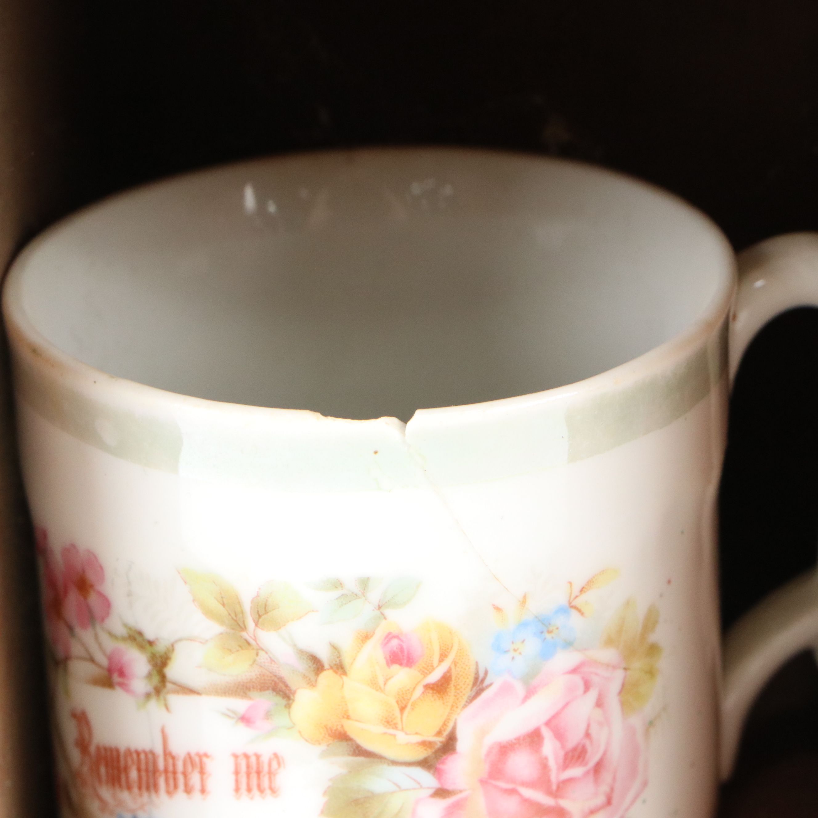 Adams "Scenes from Dickens" Creamer on Wood Shelf with More Vintage Ceramic Cups