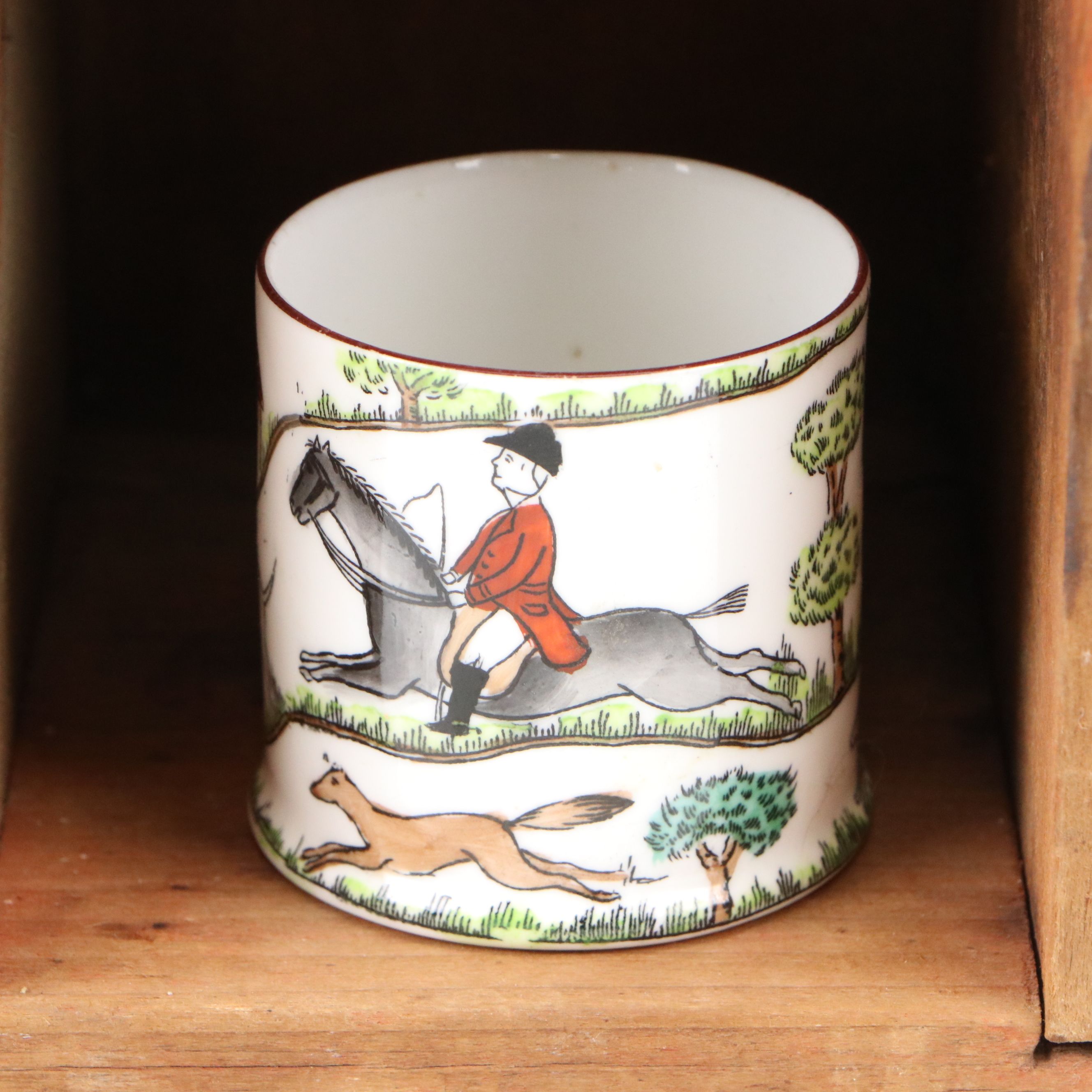 Adams "Scenes from Dickens" Creamer on Wood Shelf with More Vintage Ceramic Cups