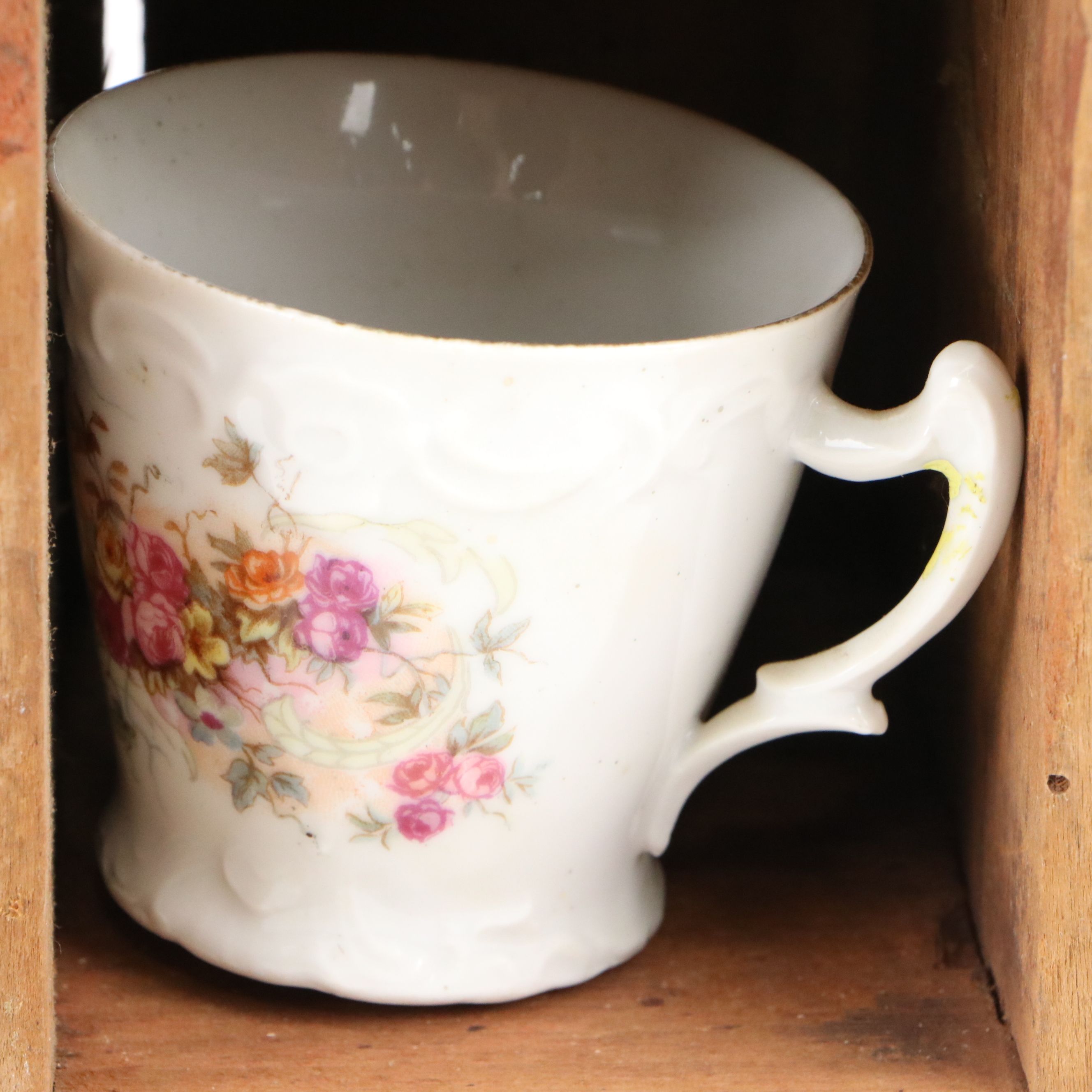 Adams "Scenes from Dickens" Creamer on Wood Shelf with More Vintage Ceramic Cups
