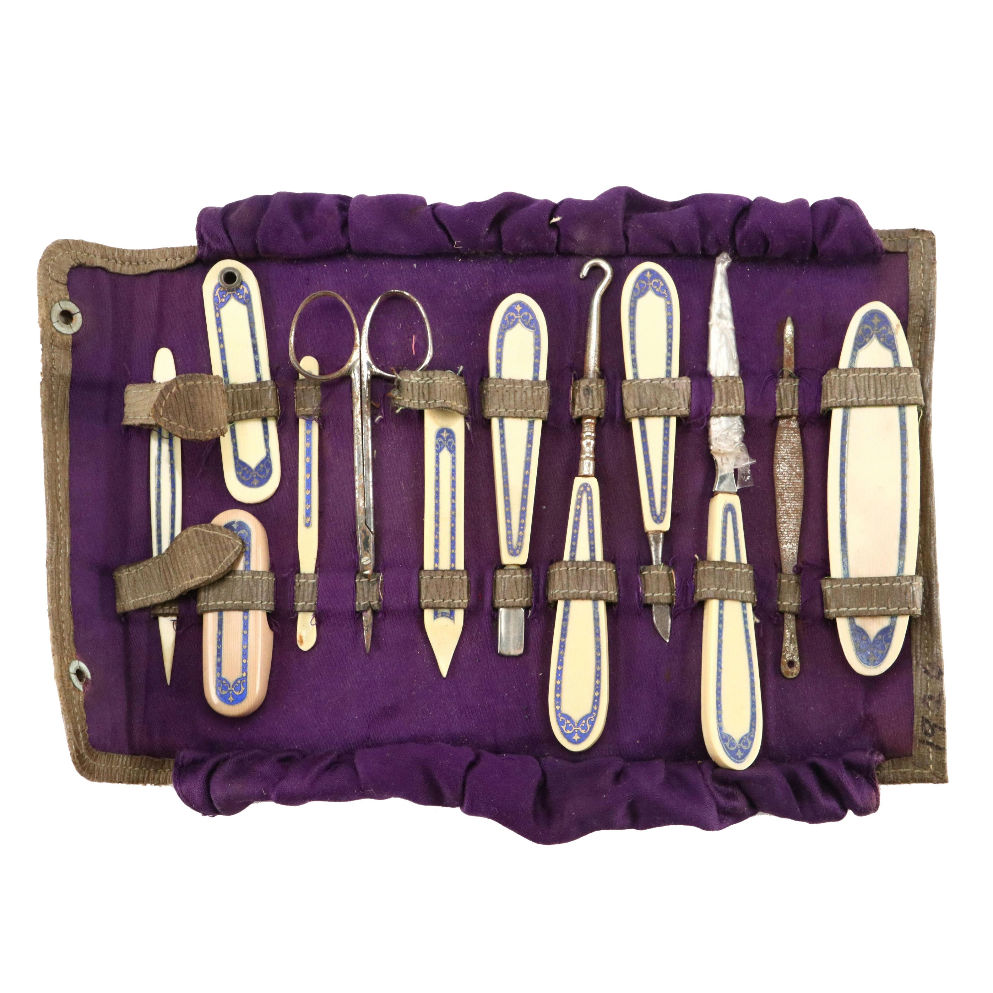 Blue and Gold French Ivory and Metal Manicure Set with Fabric Case