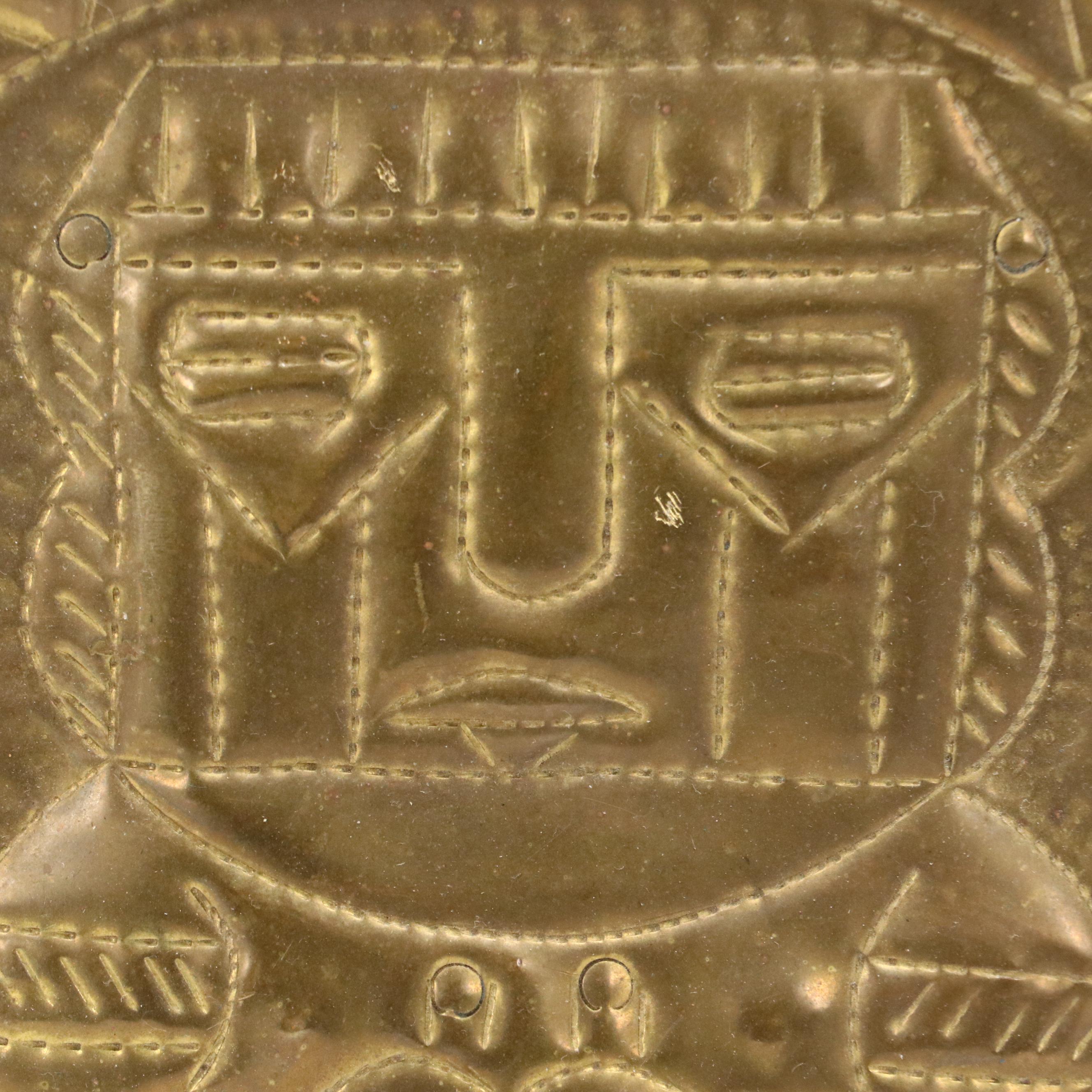Mayan Inspired Brass Plated Wall Hanging Plaque, Late 20th Century