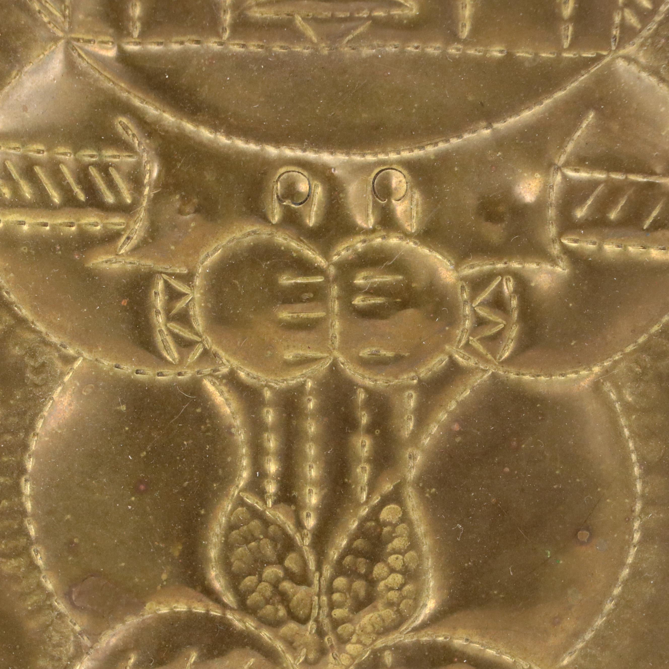 Mayan Inspired Brass Plated Wall Hanging Plaque, Late 20th Century