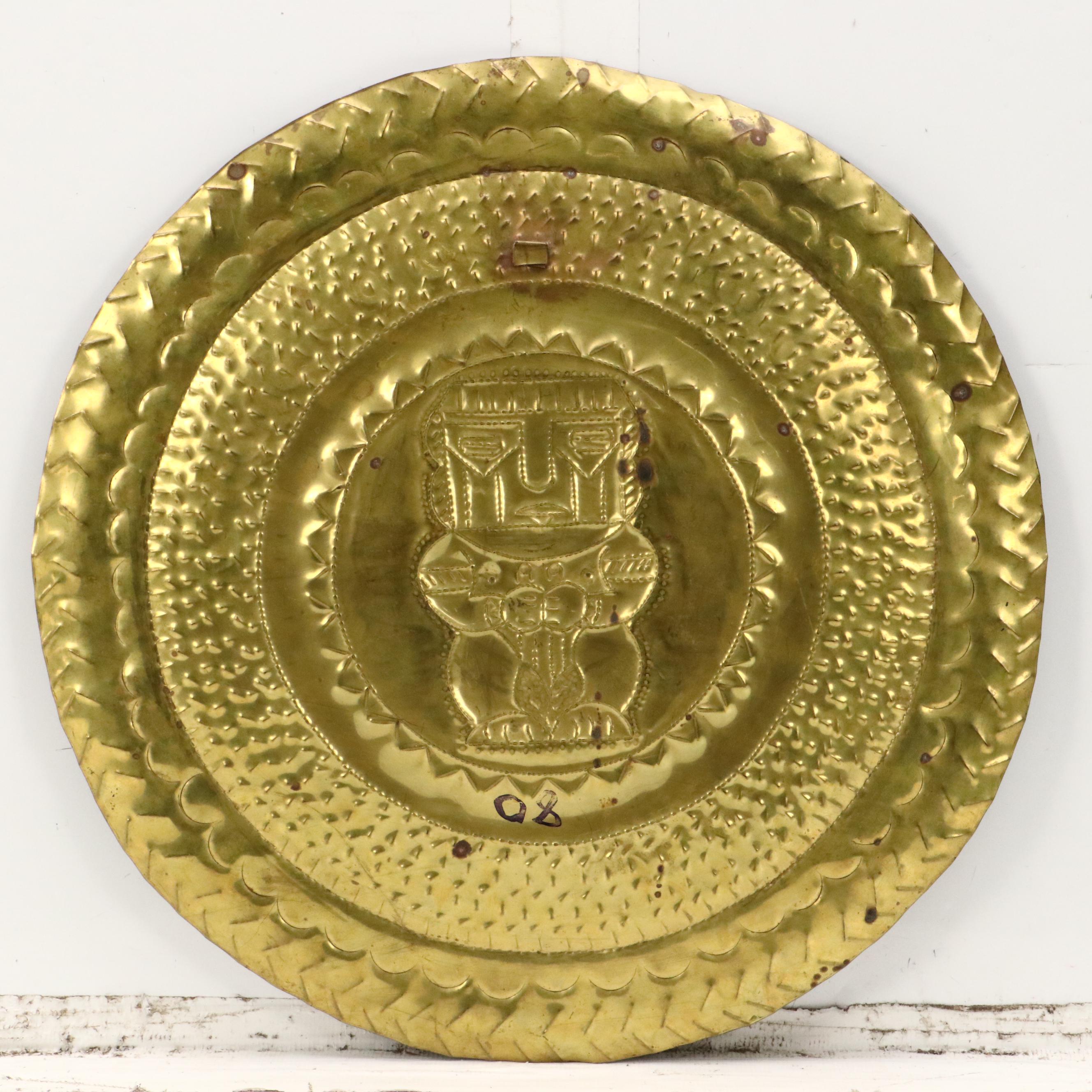 Mayan Inspired Brass Plated Wall Hanging Plaque, Late 20th Century