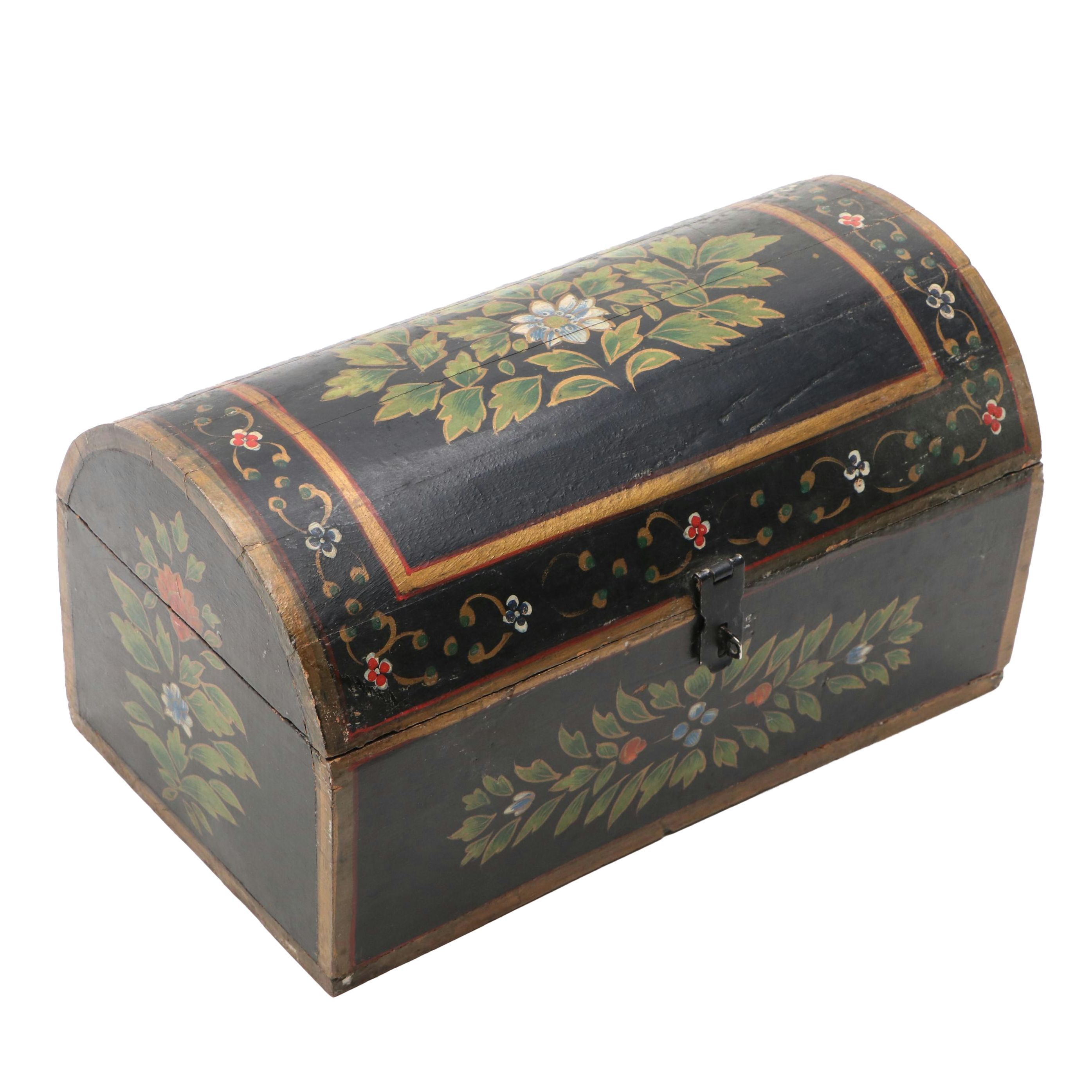 Folk Art Hand-Painted Wood Dome Top Document Box, Antique