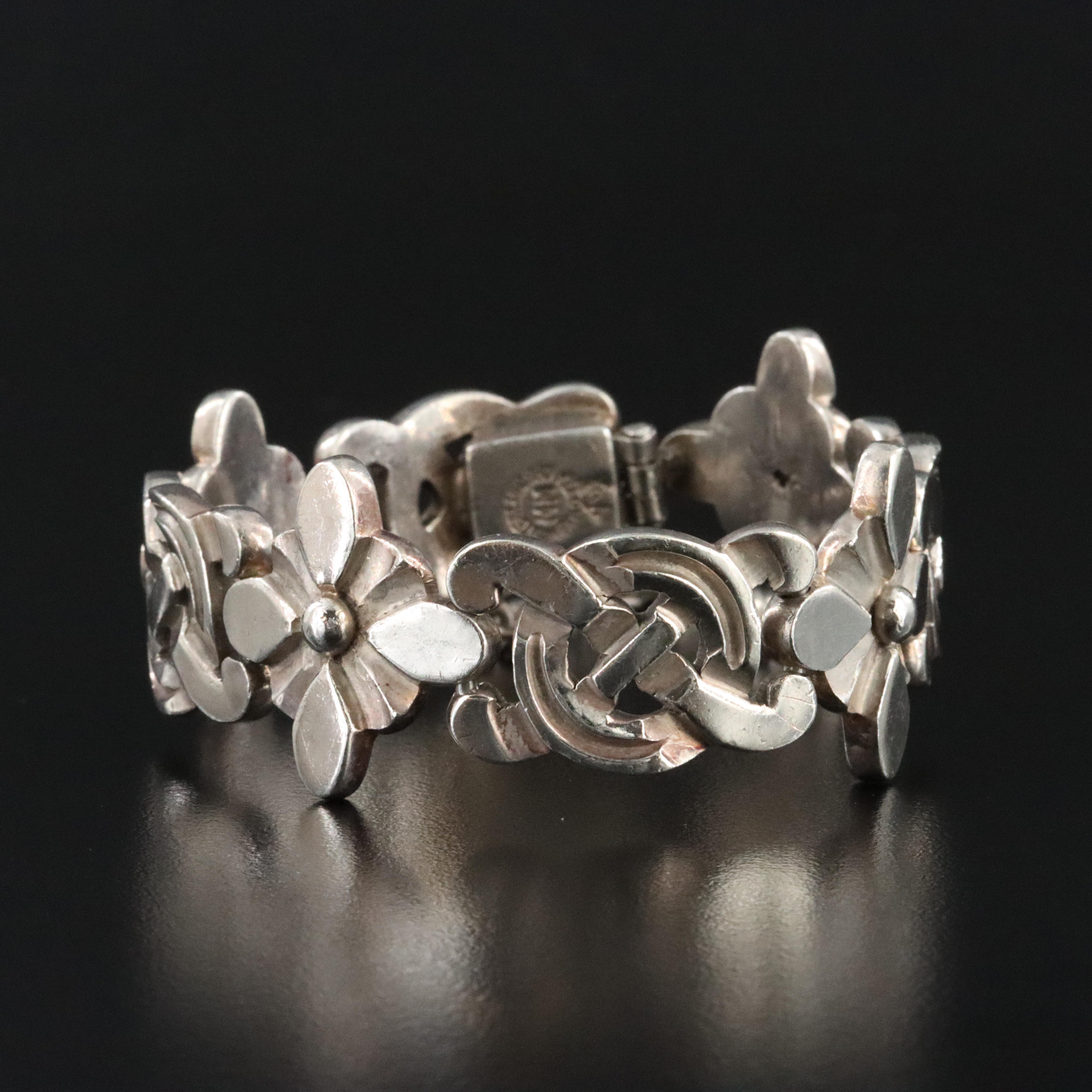 Modernist Mexican 980 Silver Floral Bracelet