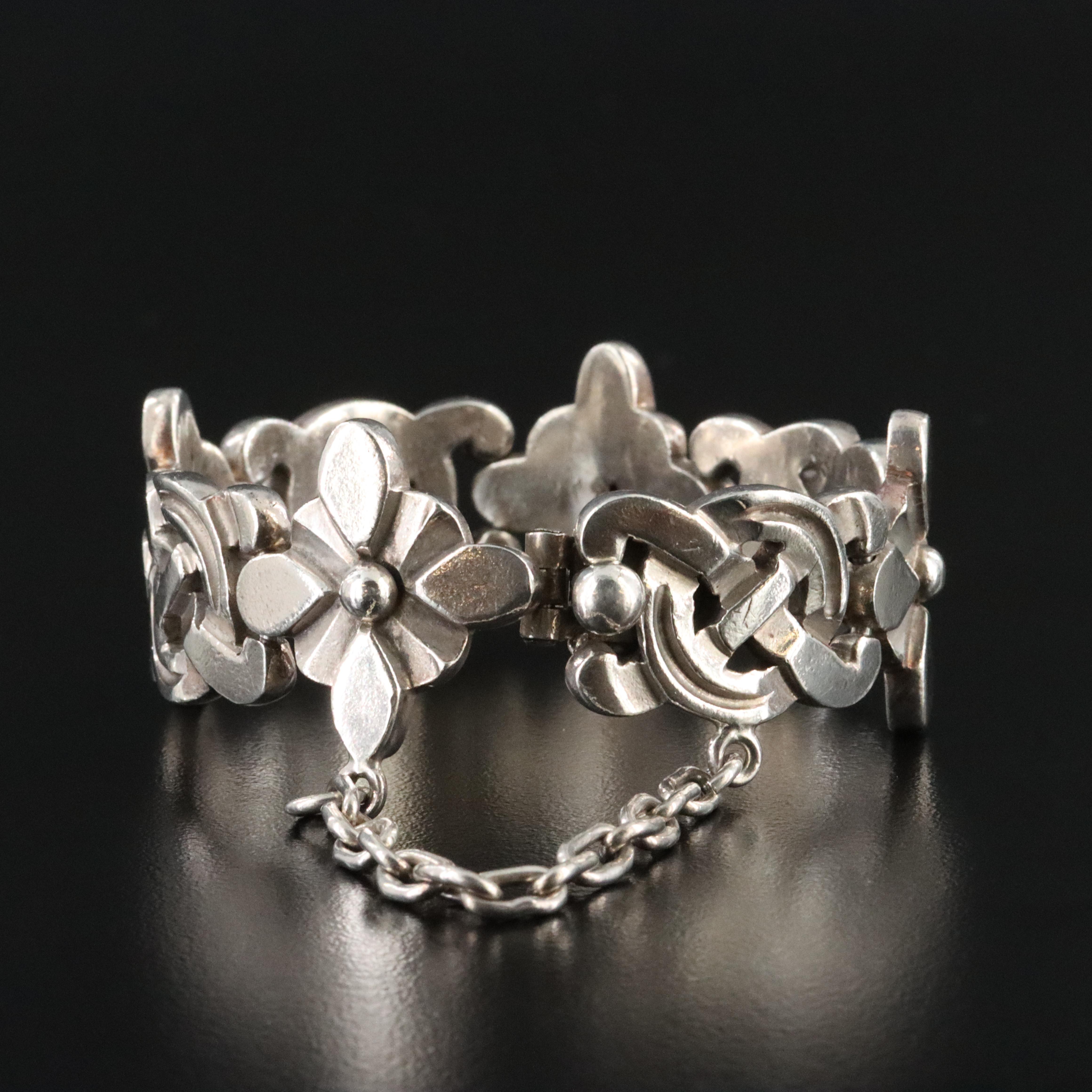 Modernist Mexican 980 Silver Floral Bracelet