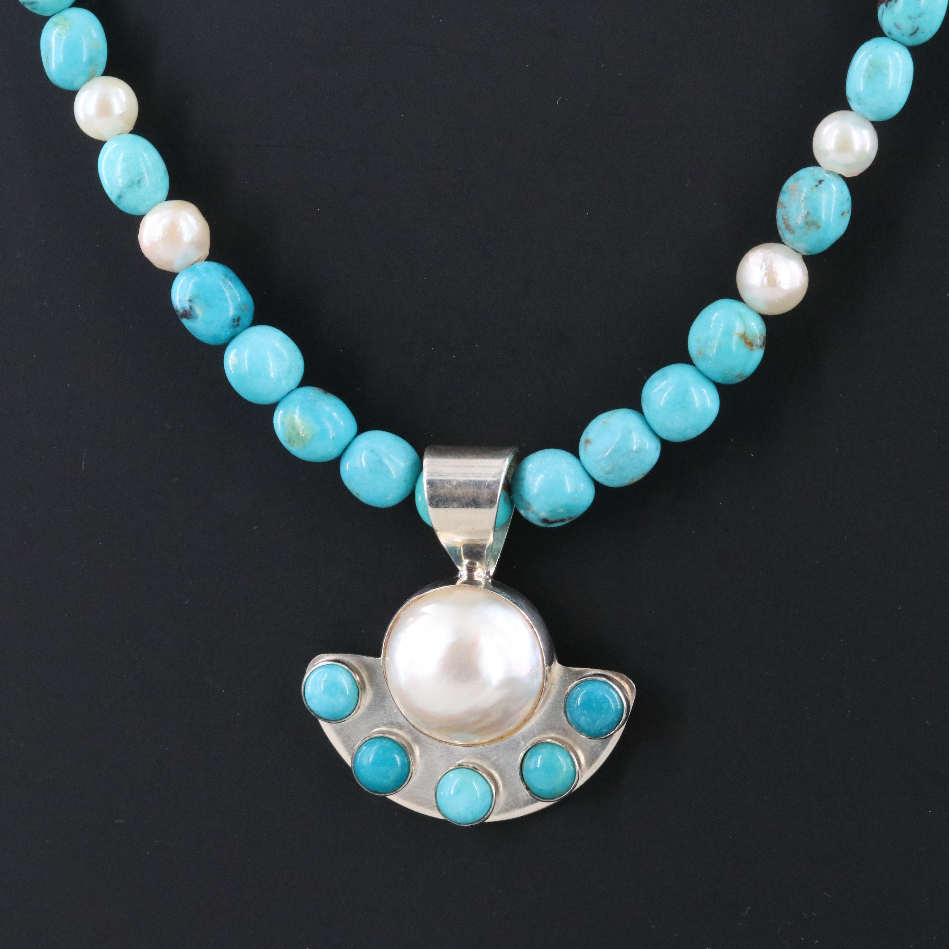 Desert Rose Trading Sterling Turquoise and Pearl Pendant Necklace