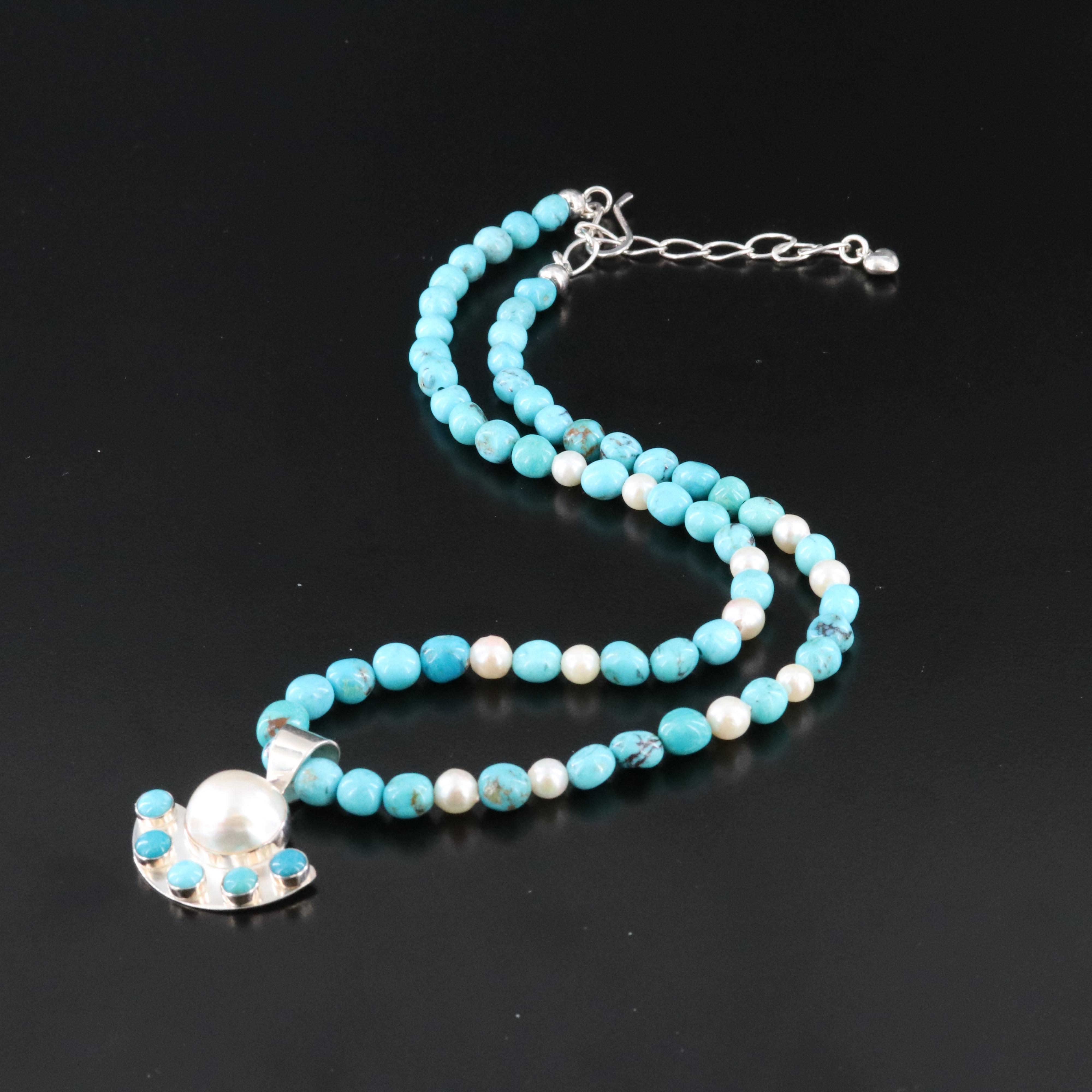 Desert Rose Trading Sterling Turquoise and Pearl Pendant Necklace