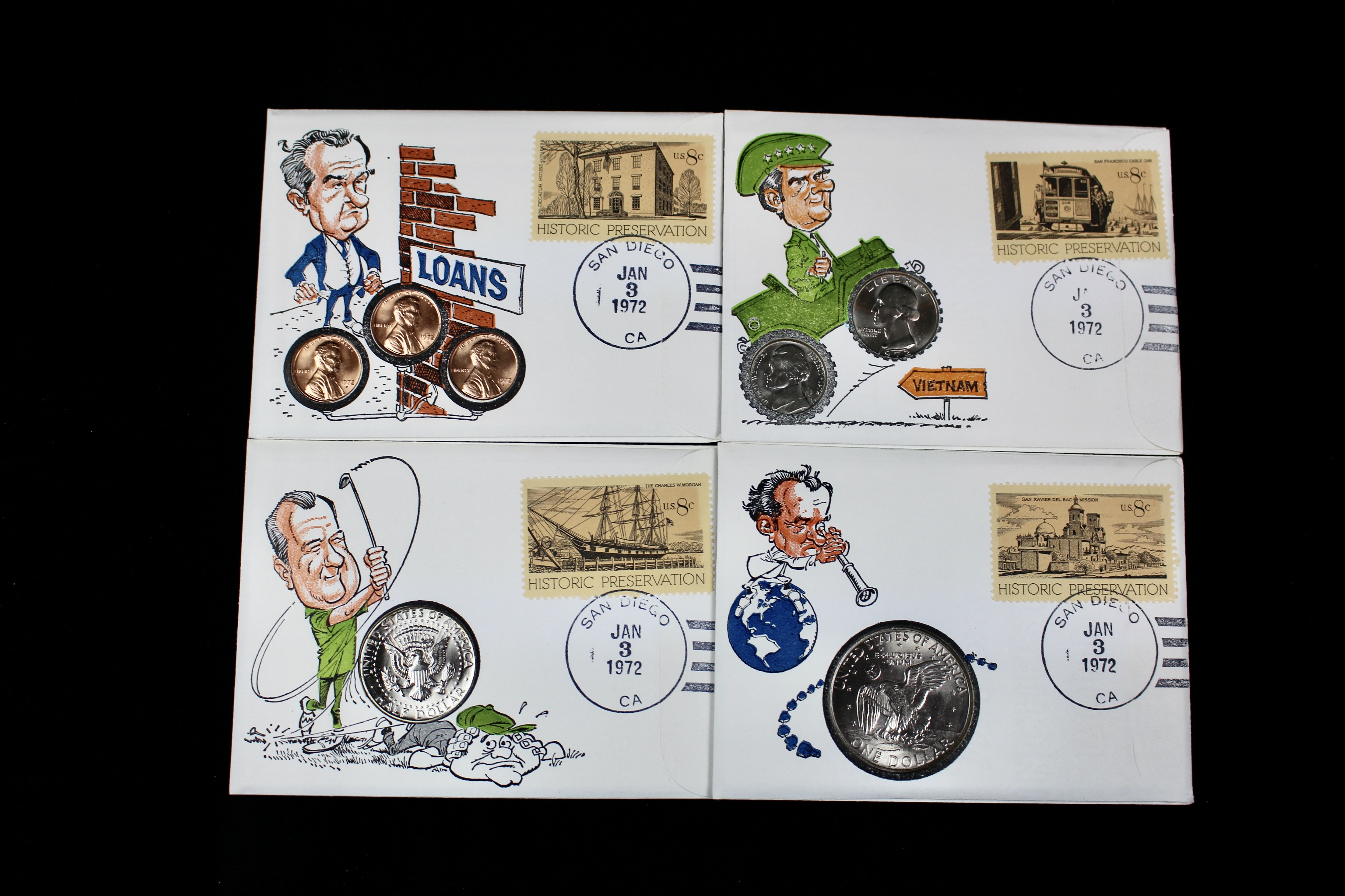 Eight Different Coin and Stamp Covers Issued by The 99 Company, 1970s