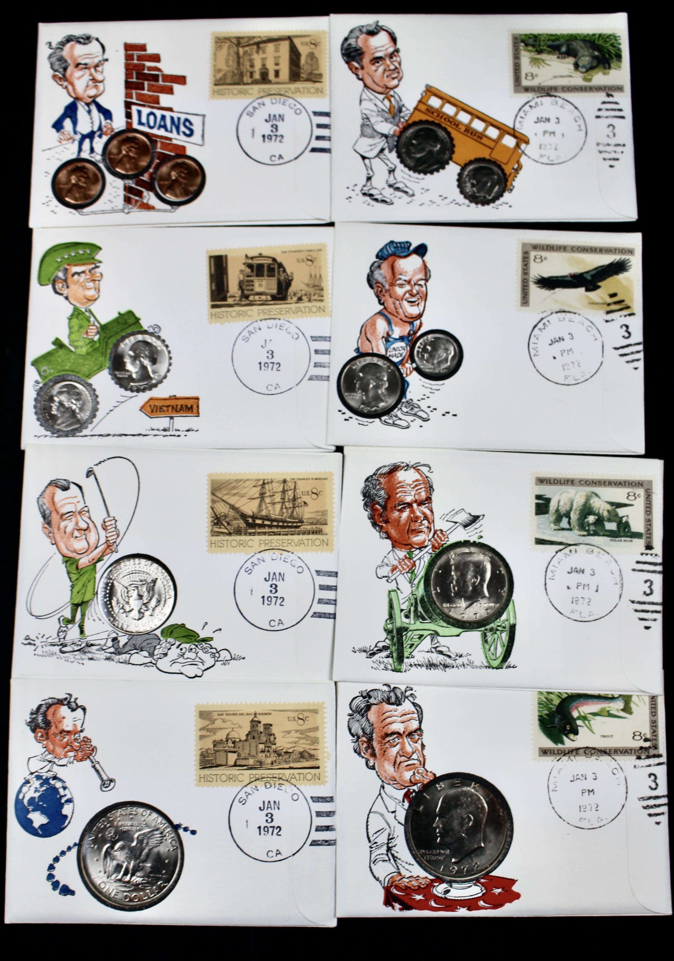 Eight Different Coin and Stamp Covers Issued by The 99 Company, 1970s