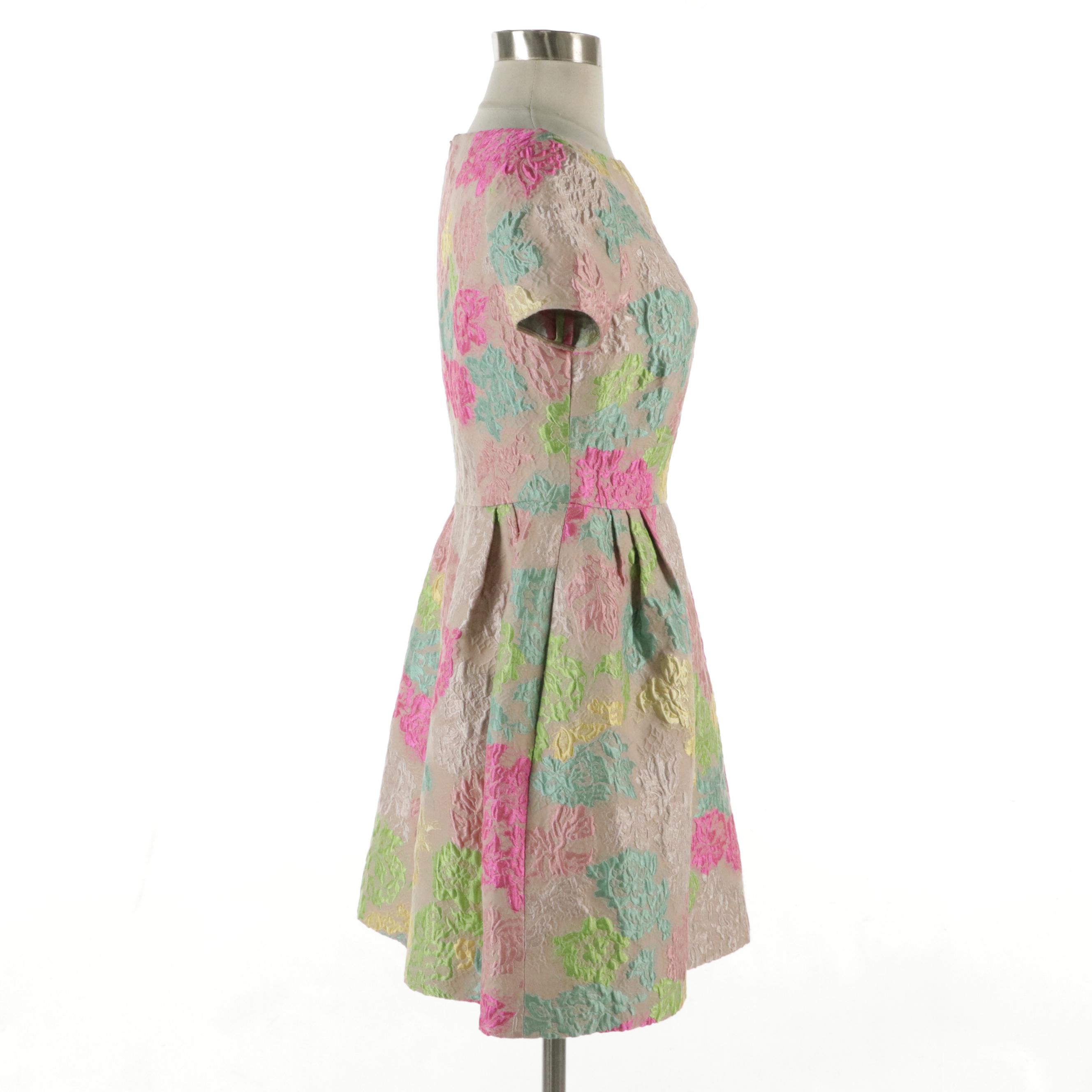 Valentino Multicolor Floral Jacquard Pleated Waist Dress with Pockets