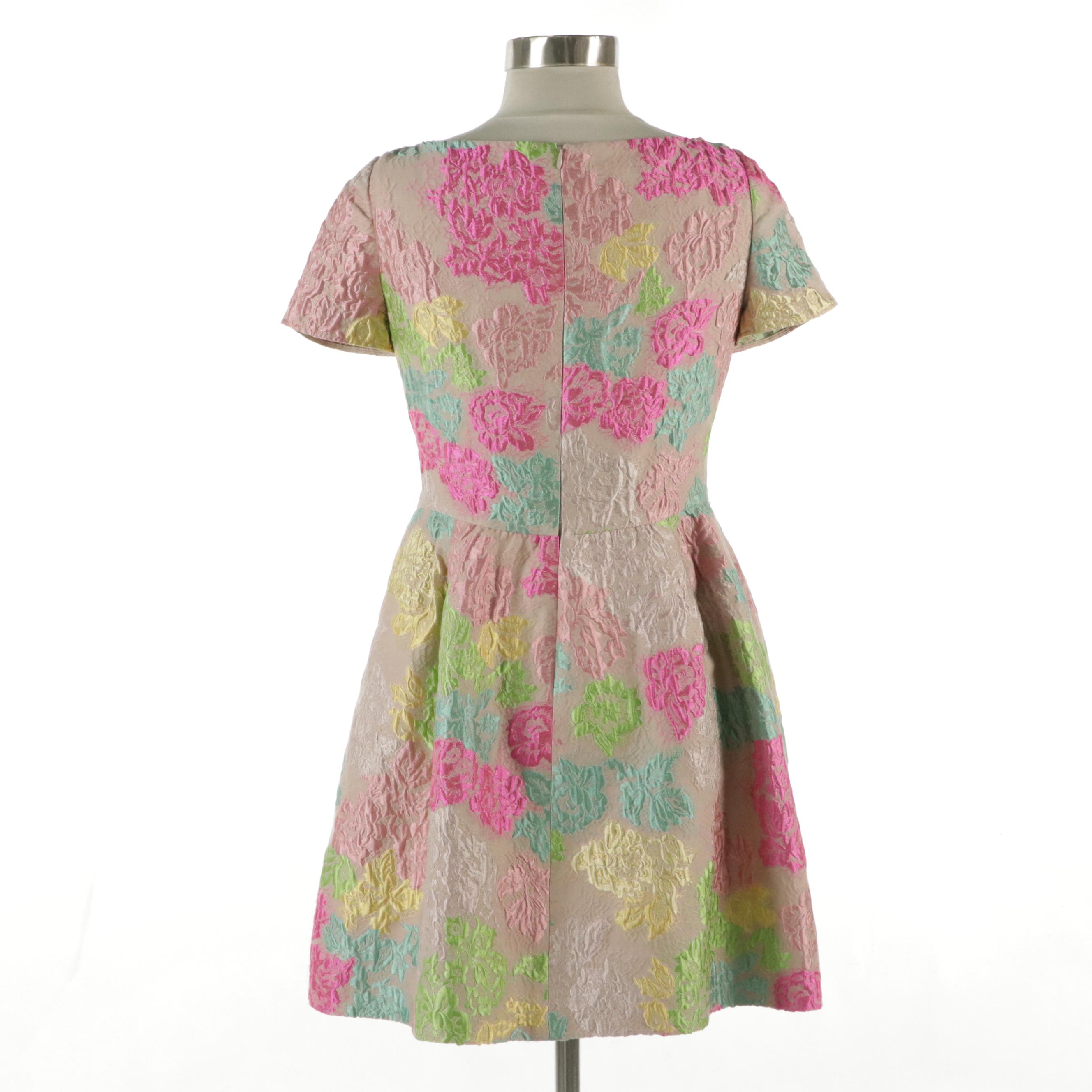 Valentino Multicolor Floral Jacquard Pleated Waist Dress with Pockets