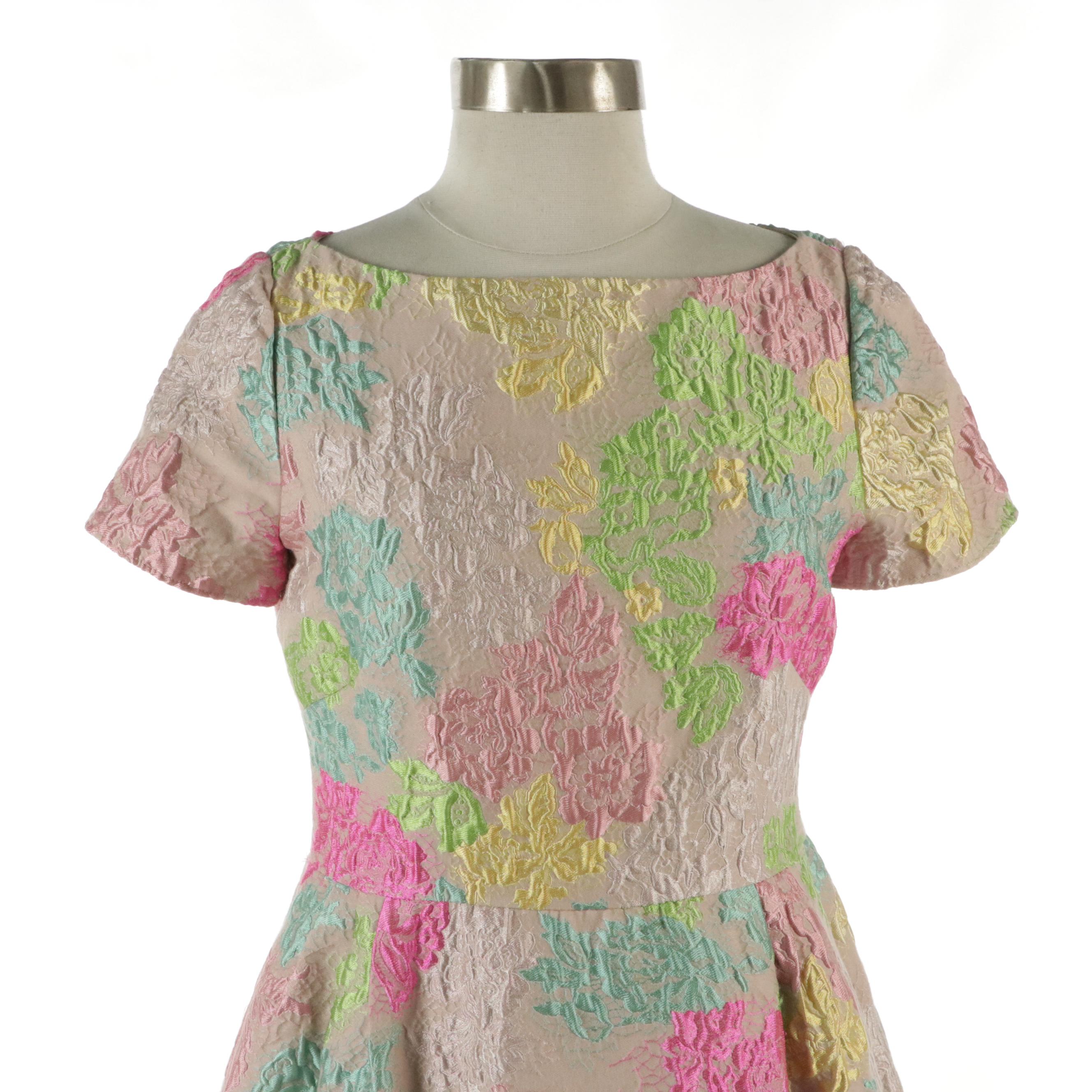 Valentino Multicolor Floral Jacquard Pleated Waist Dress with Pockets