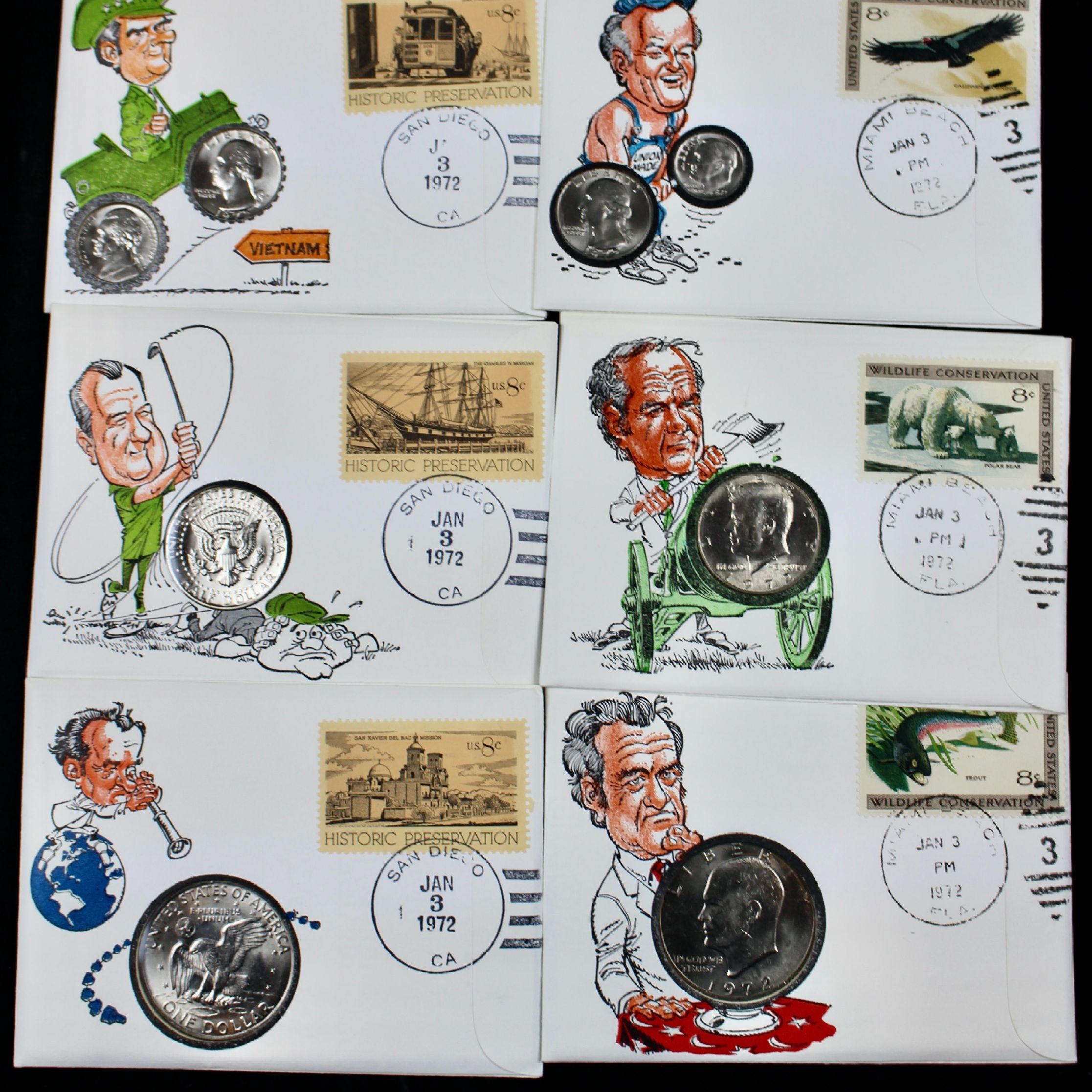 Eight Different Coin and Stamp Covers Issued by The 99 Company, 1970s
