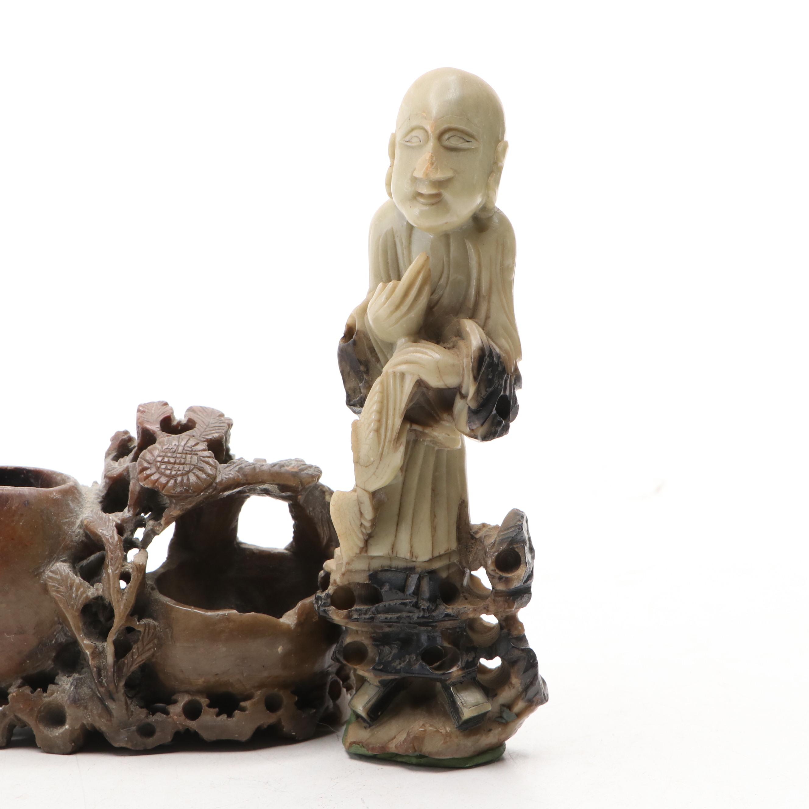Chinese Carved Soapstone Brush Pot and Bowl