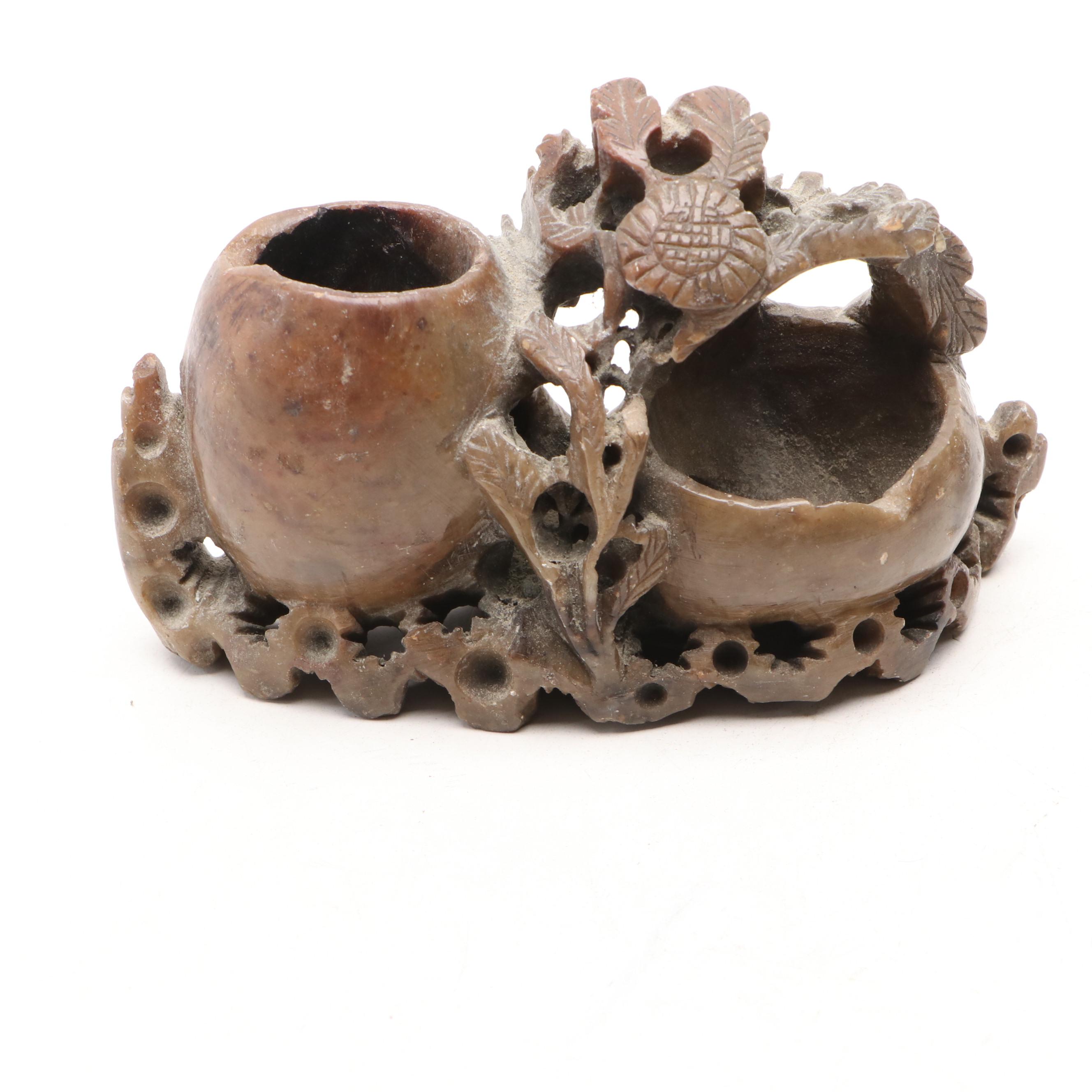 Chinese Carved Soapstone Brush Pot and Bowl