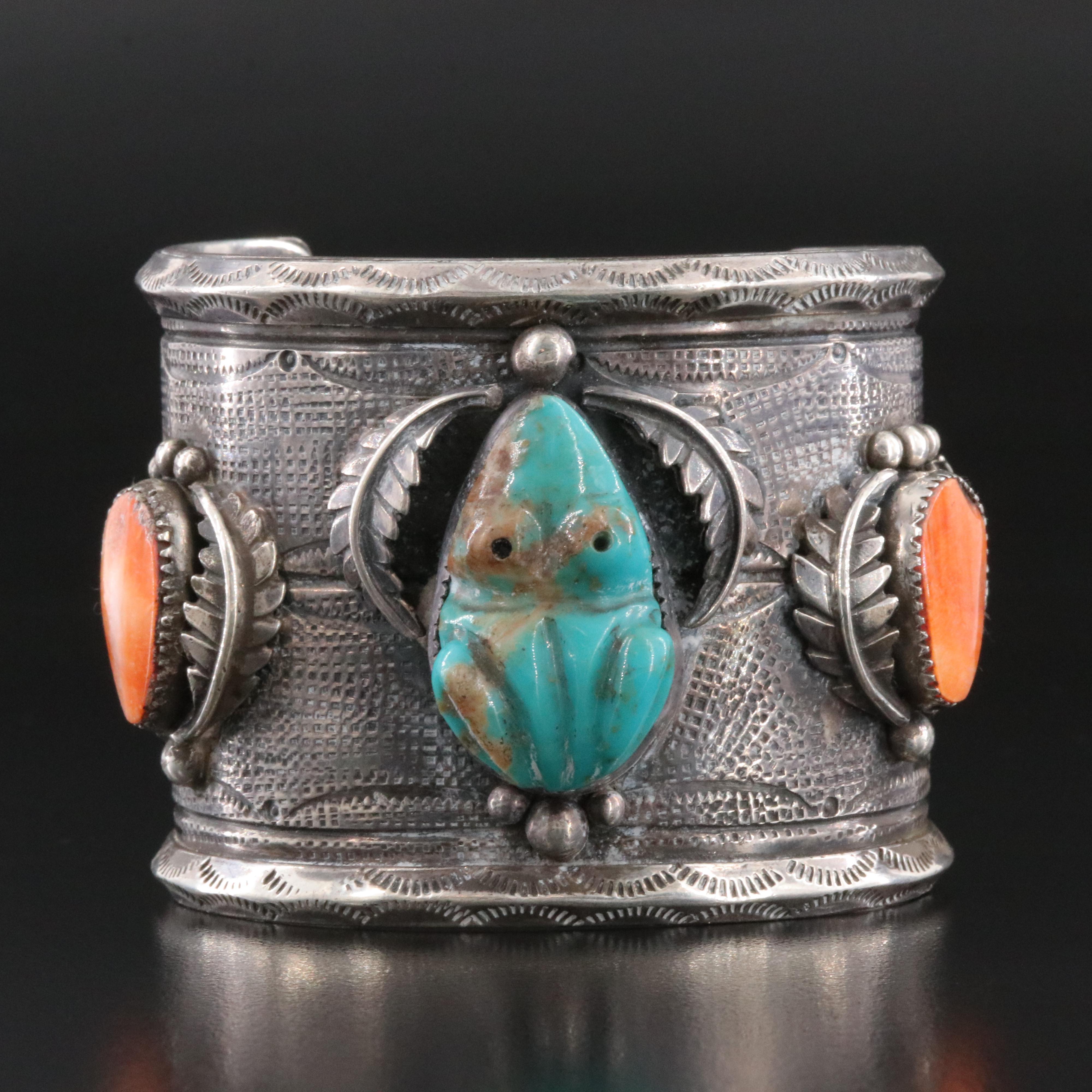 Southwestern Sterling Turquoise and Spiny Oyster Appliqué Frog Cuff Bracelet