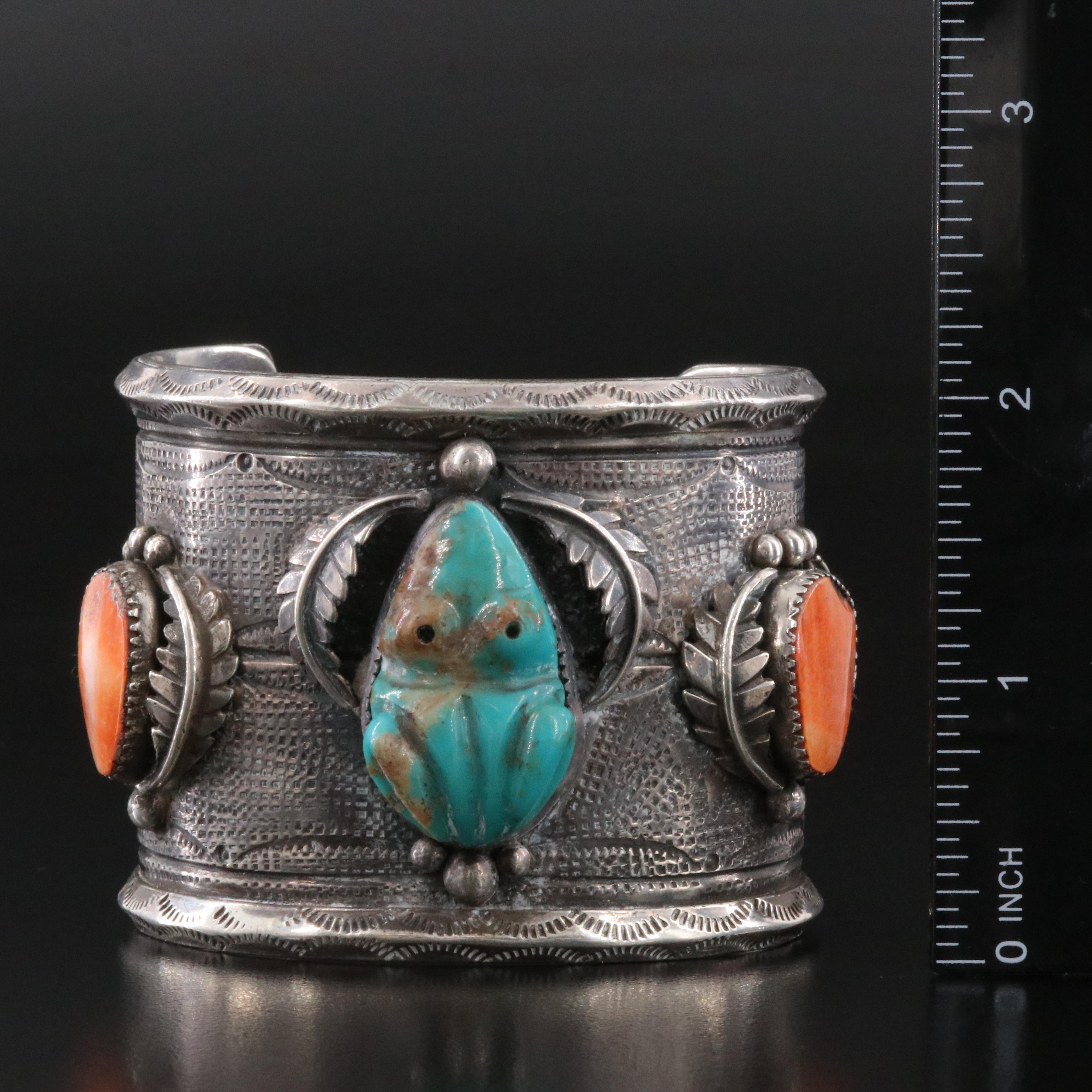 Southwestern Sterling Turquoise and Spiny Oyster Appliqué Frog Cuff Bracelet