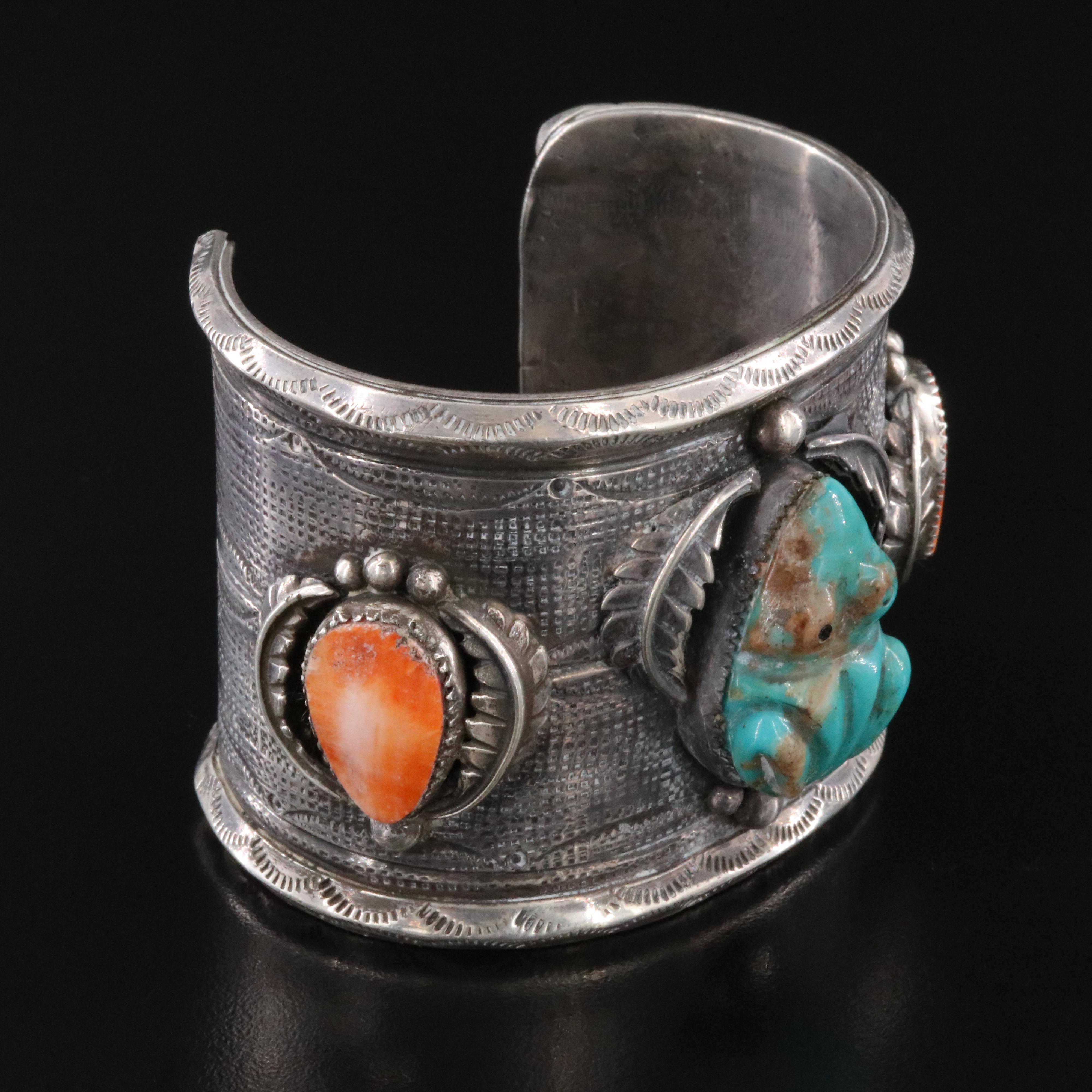 Southwestern Sterling Turquoise and Spiny Oyster Appliqué Frog Cuff Bracelet