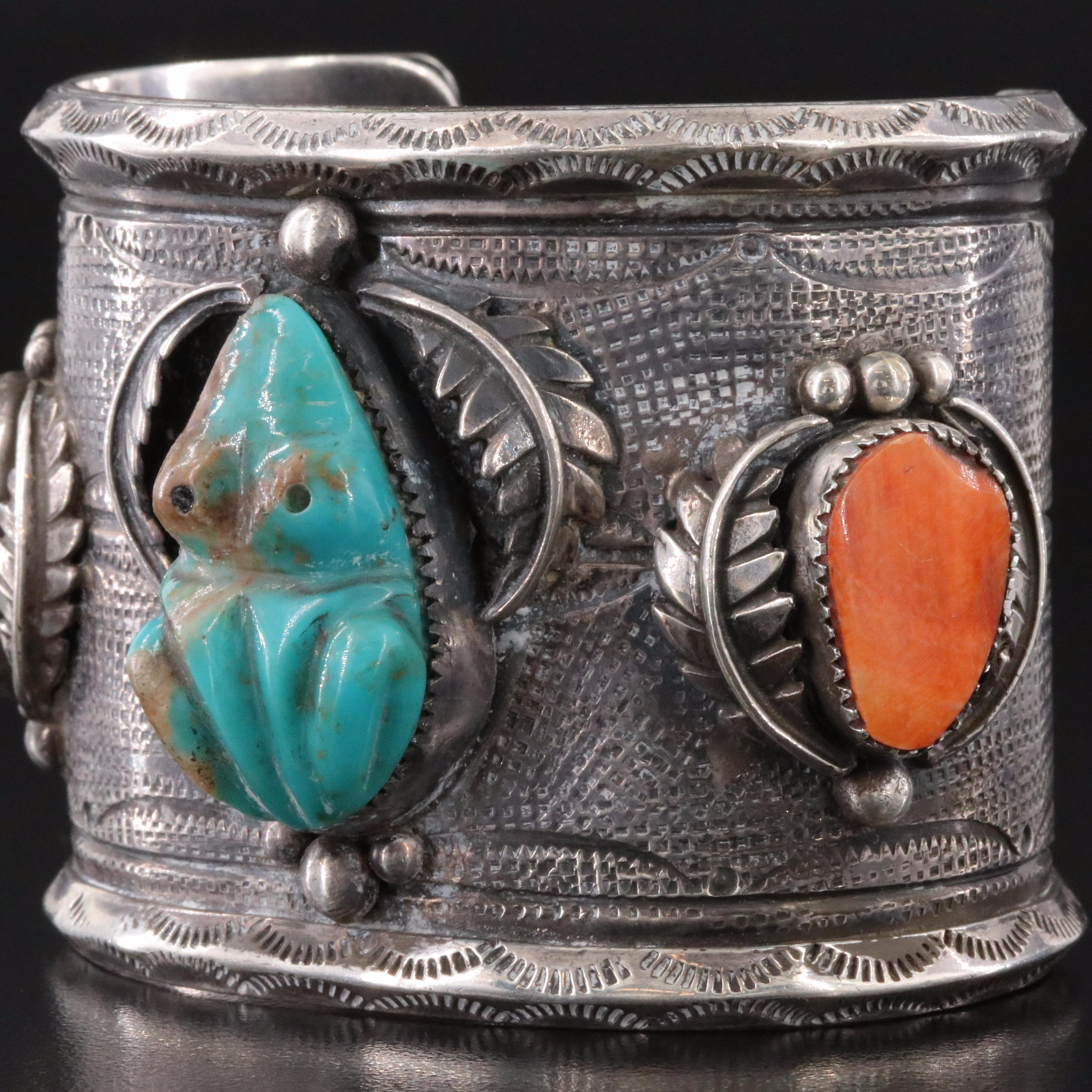 Southwestern Sterling Turquoise and Spiny Oyster Appliqué Frog Cuff Bracelet