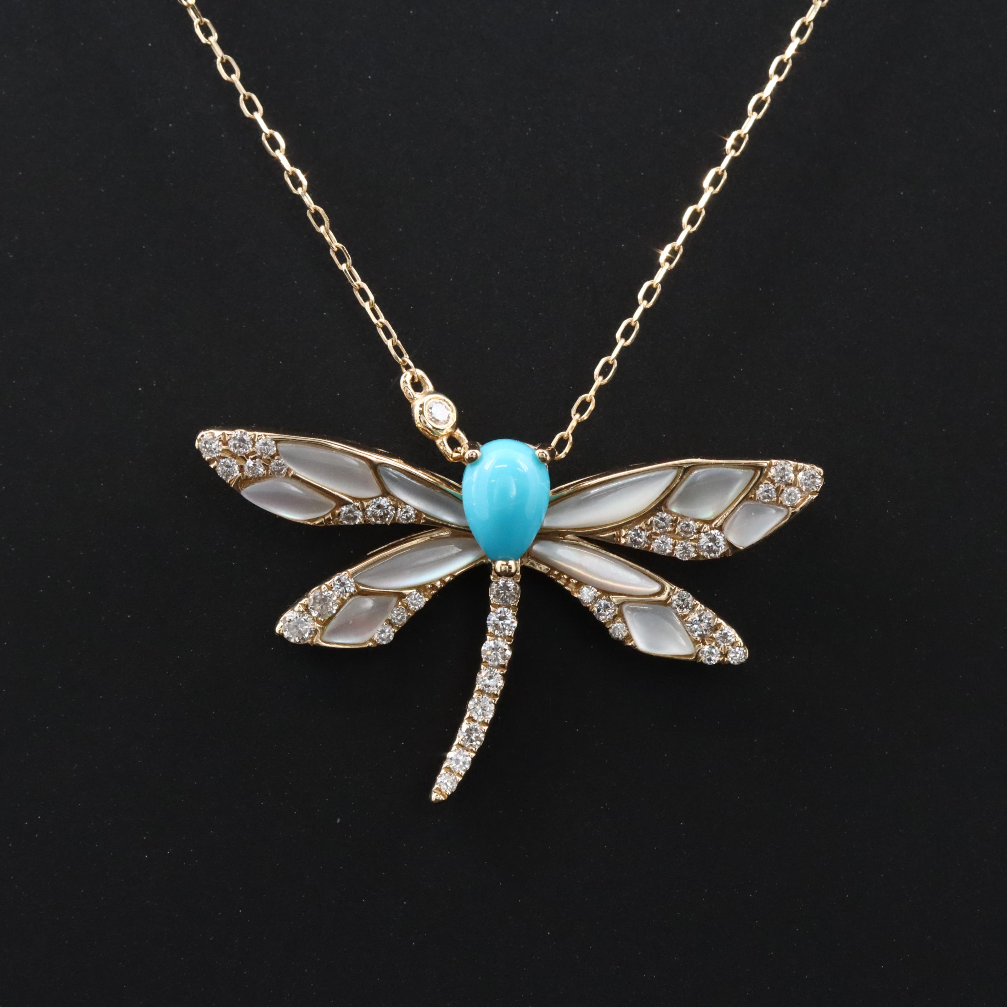 14K Imitation Turquoise and Diamond Dragonfly Pendant Necklace