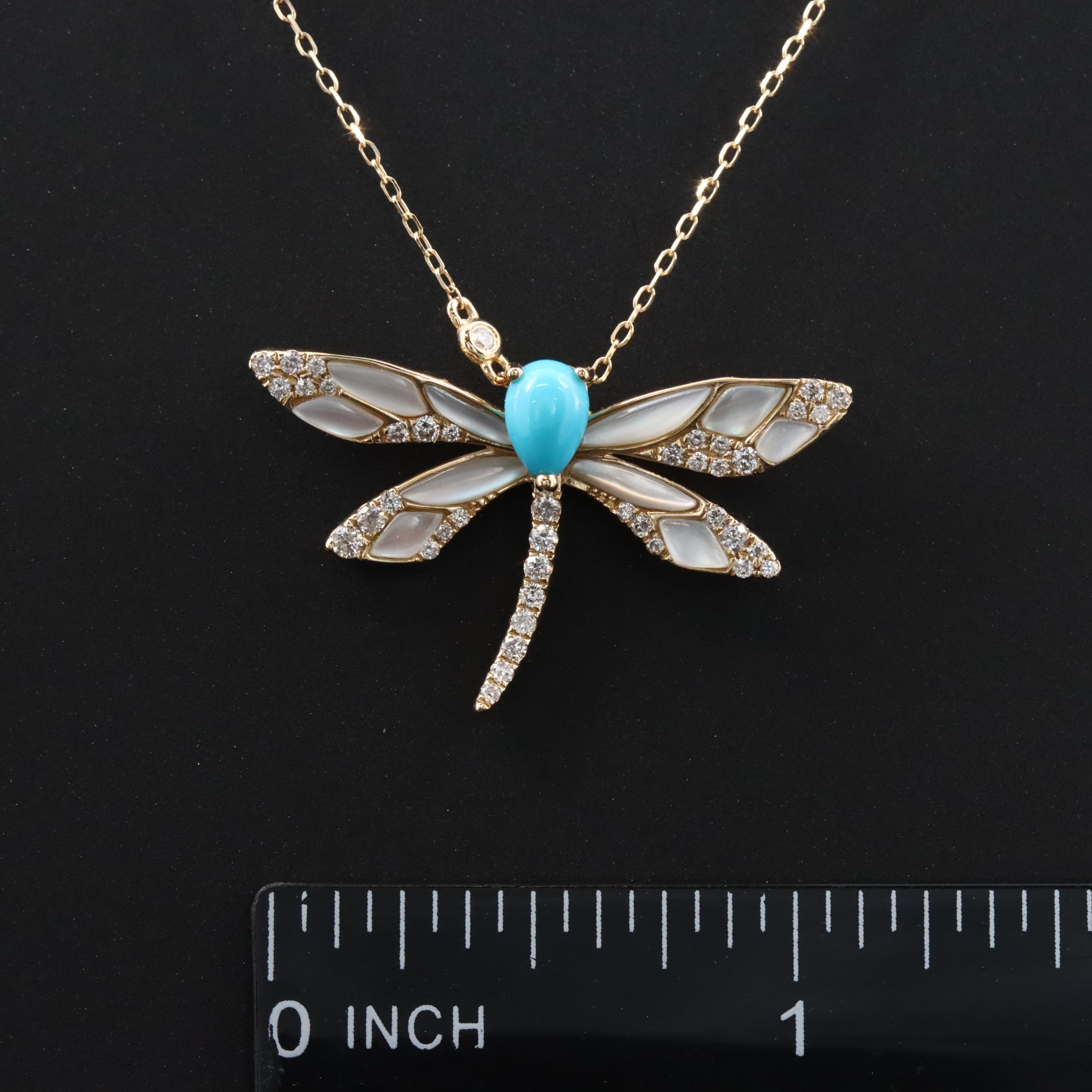 14K Imitation Turquoise and Diamond Dragonfly Pendant Necklace