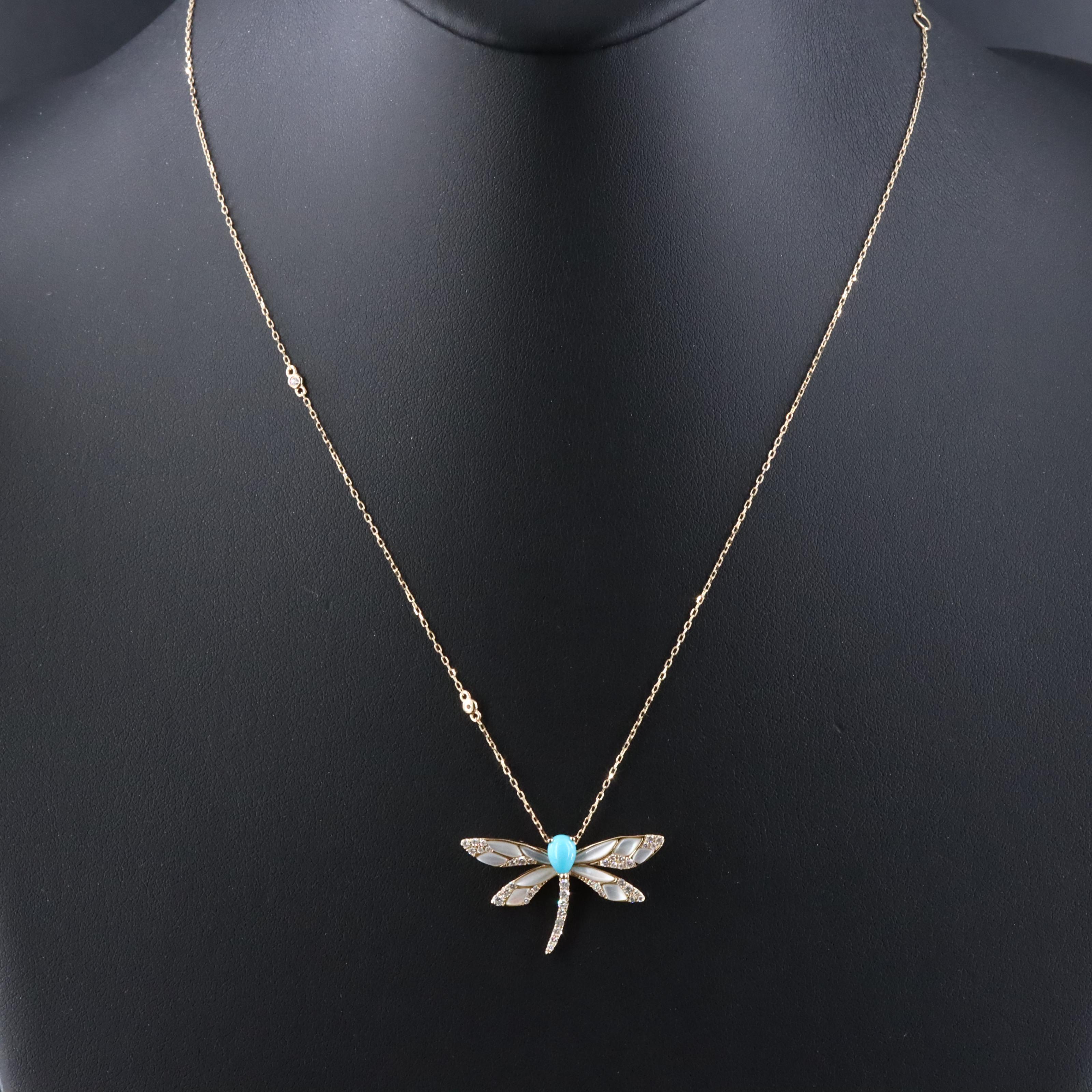 14K Imitation Turquoise and Diamond Dragonfly Pendant Necklace