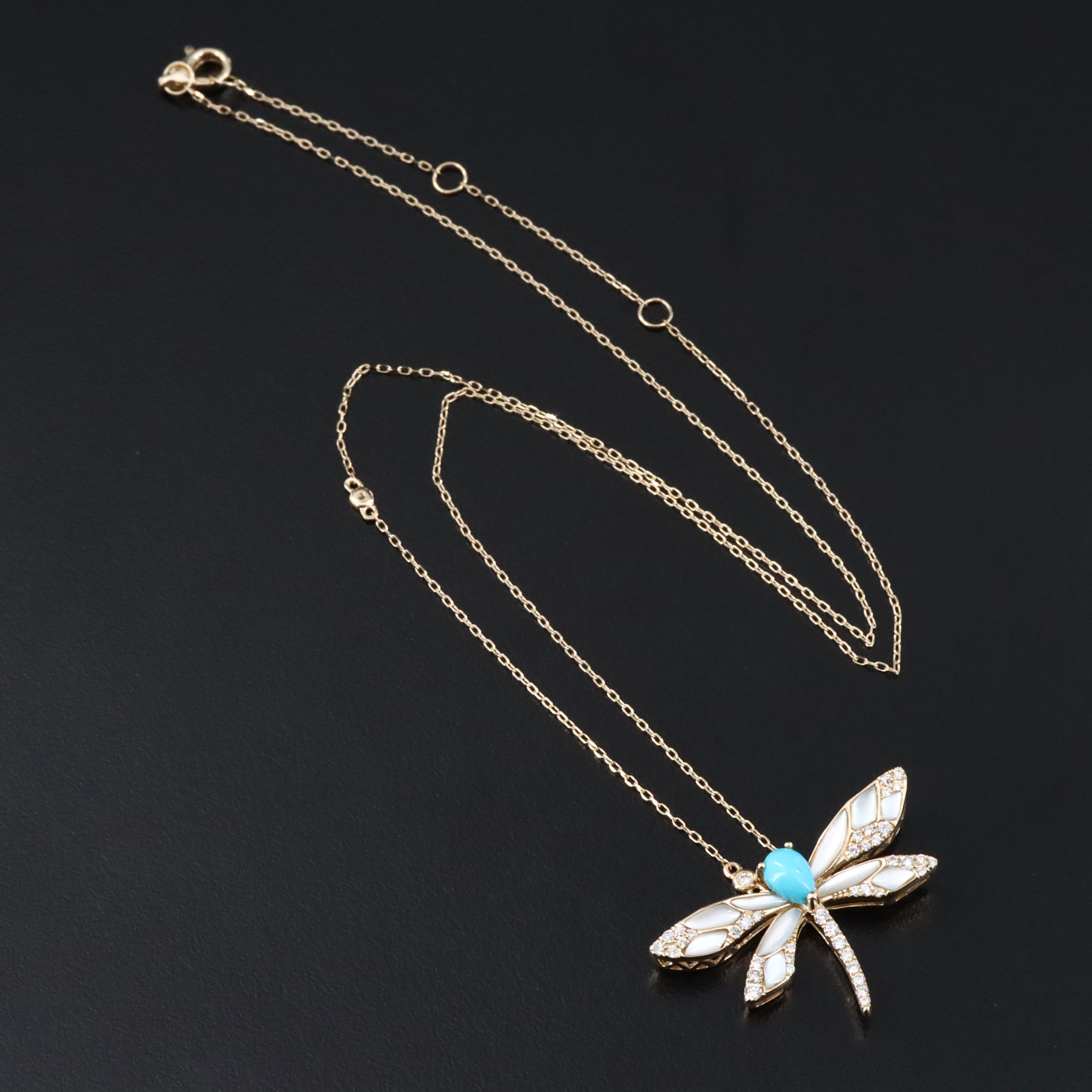 14K Imitation Turquoise and Diamond Dragonfly Pendant Necklace