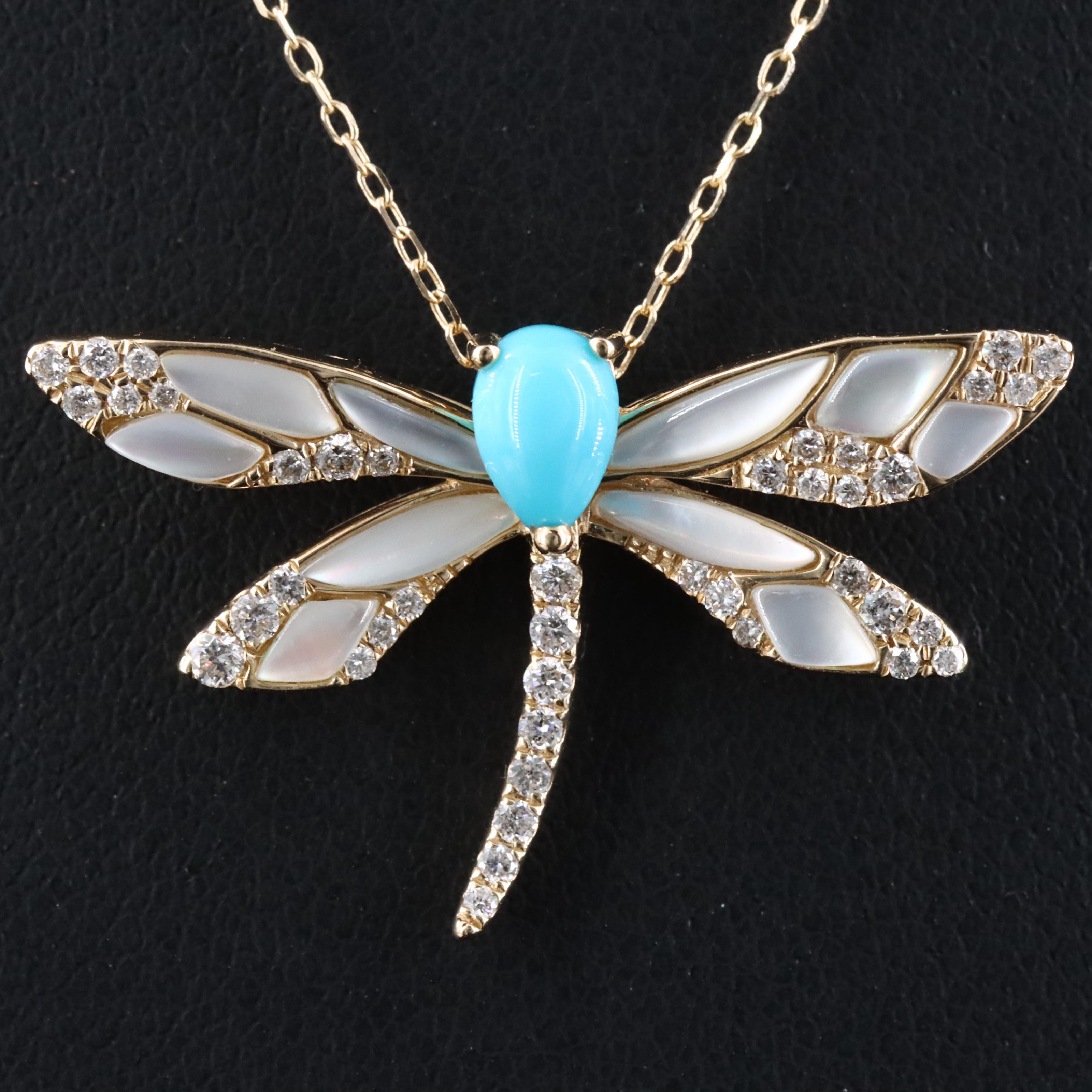 14K Imitation Turquoise and Diamond Dragonfly Pendant Necklace