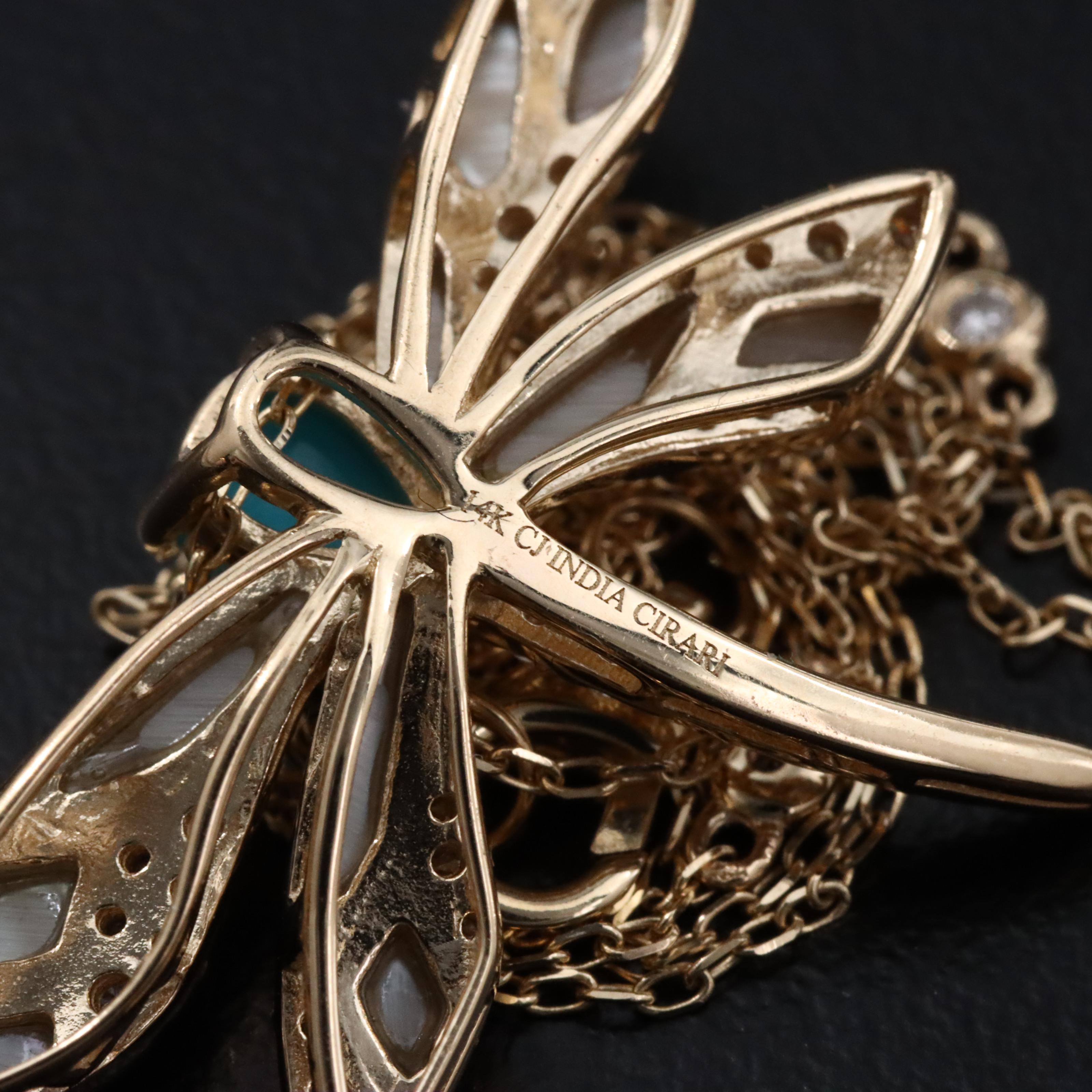 14K Imitation Turquoise and Diamond Dragonfly Pendant Necklace