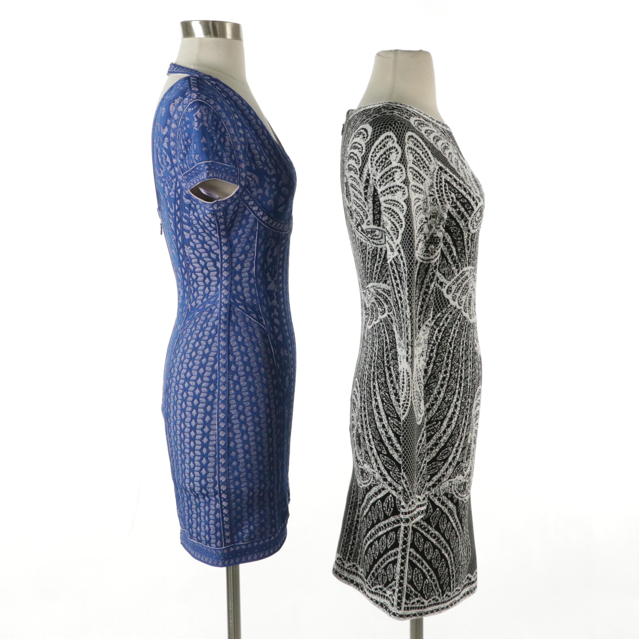 Herve Leger Lace Illusion Bodycon Dresses in Black and Royal Blue Rayon Stretch